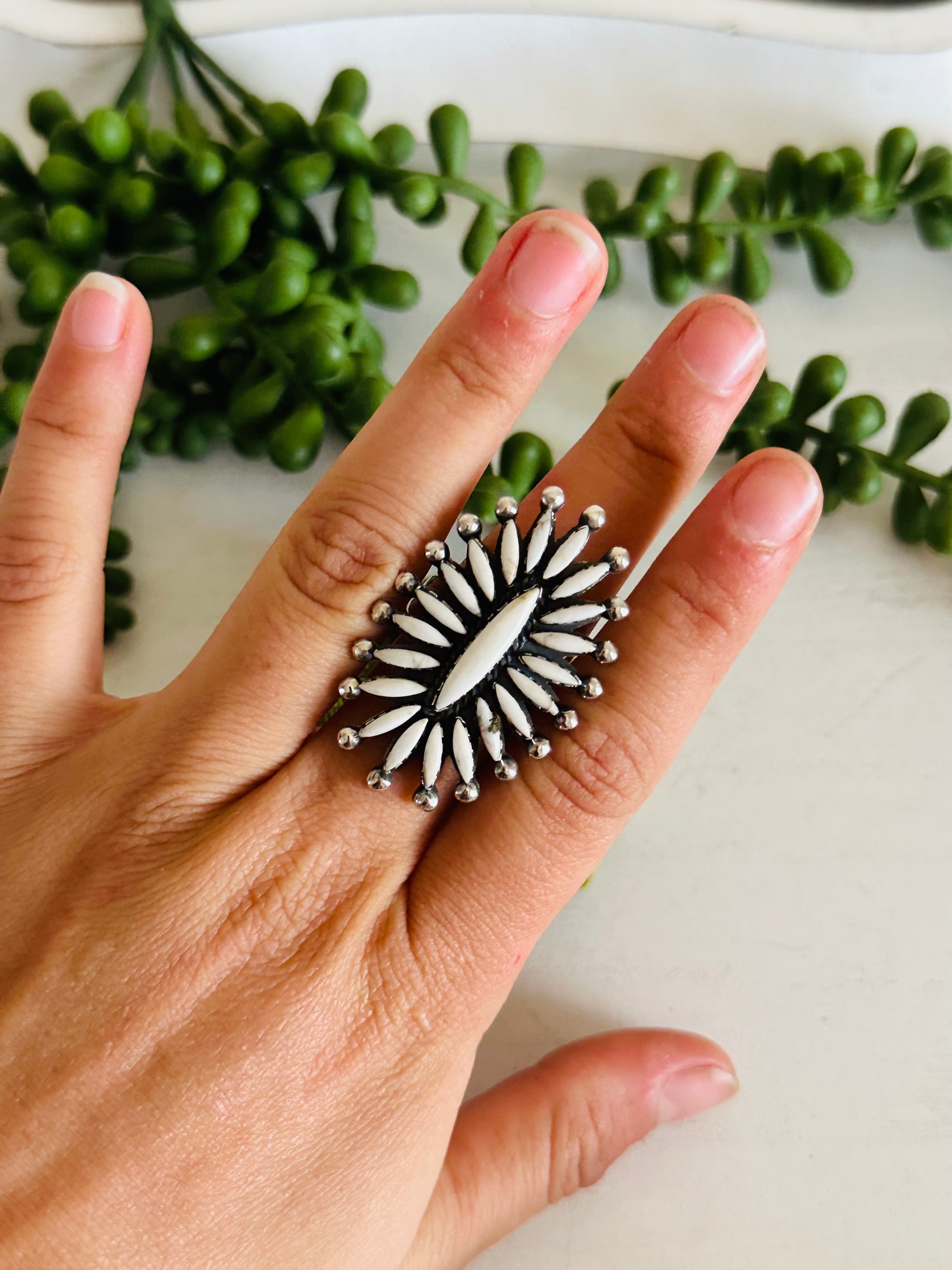 Southwest Handmade Howlite & Sterling Silver Adjustable Cluster Ring