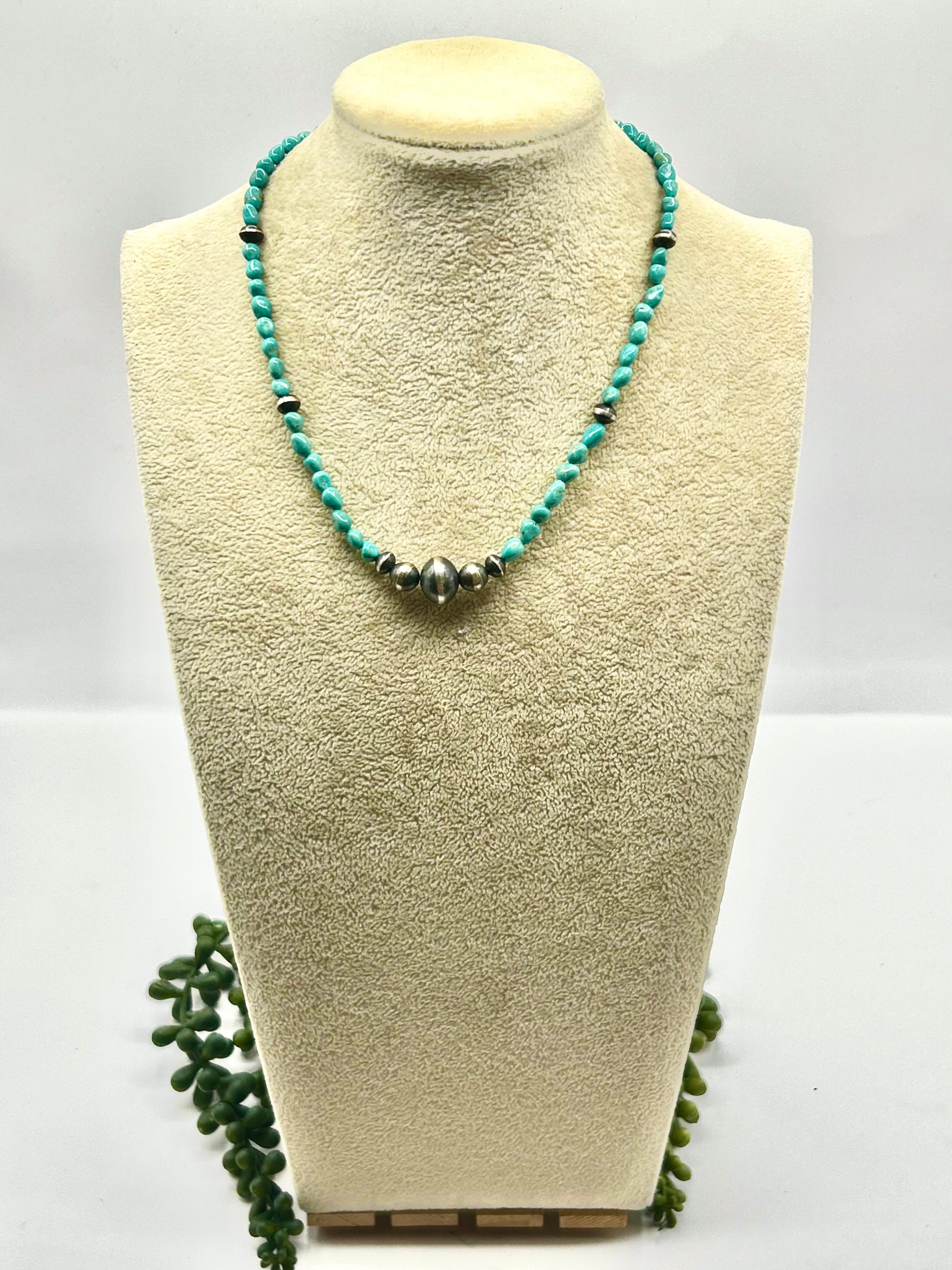 Navajo Made Strung Kingman Turquoise & Sterling Silver Necklace