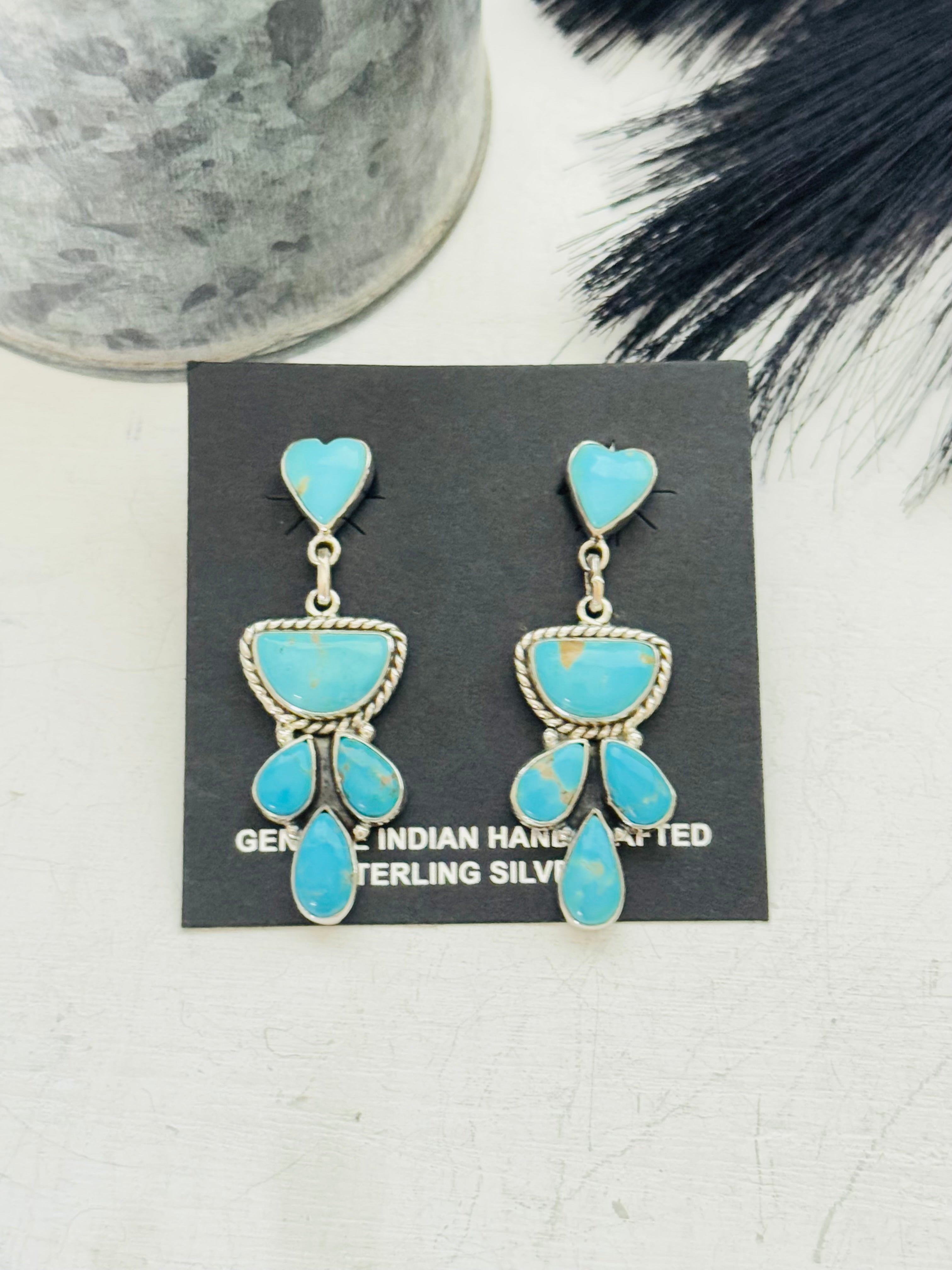 Southwest Handmade Kingman Turquoise & Sterling Silver Post Dangle Earrings