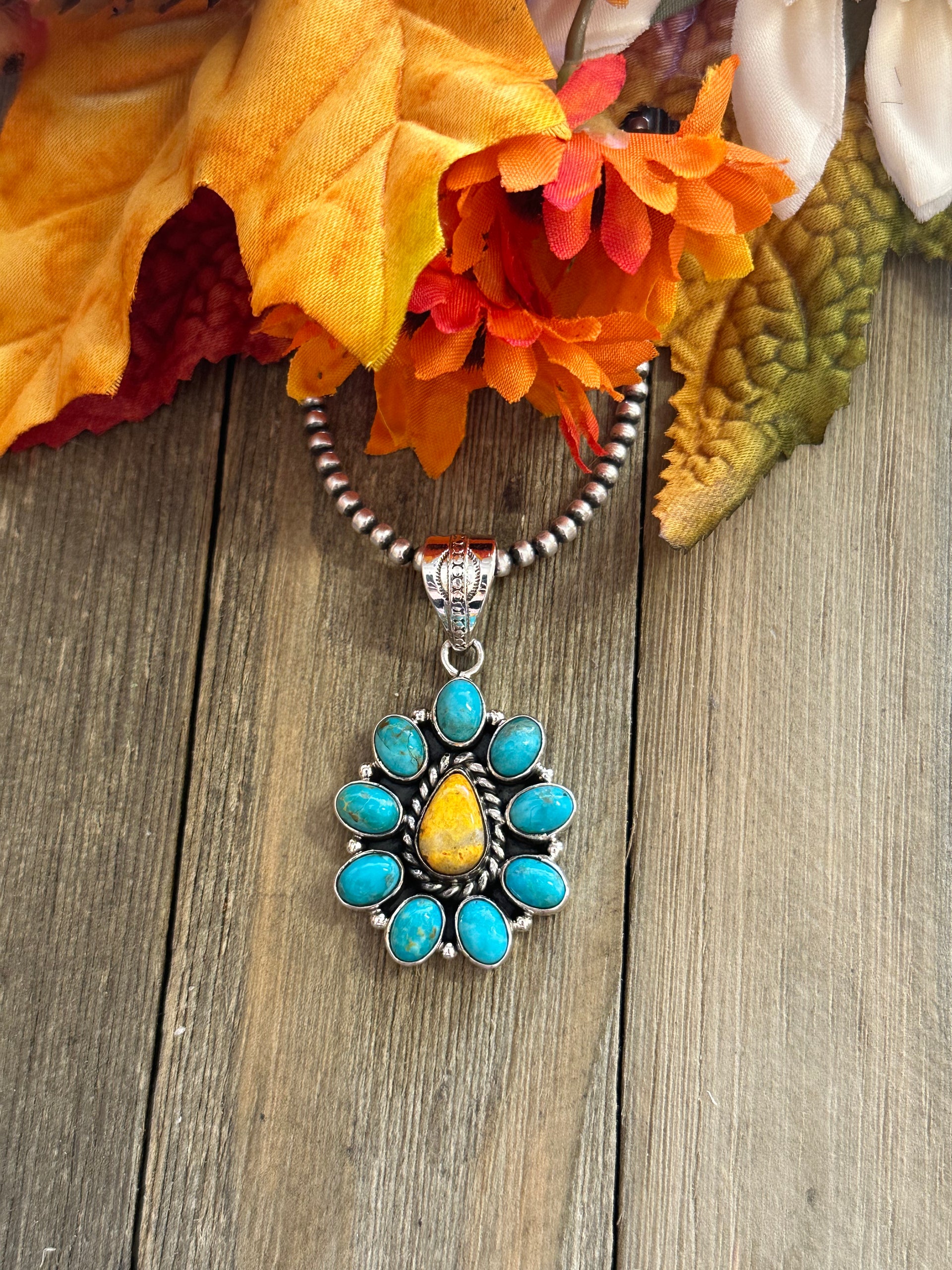 Southwest Handmade Multi Stone & Sterling Silver Cluster Pendant