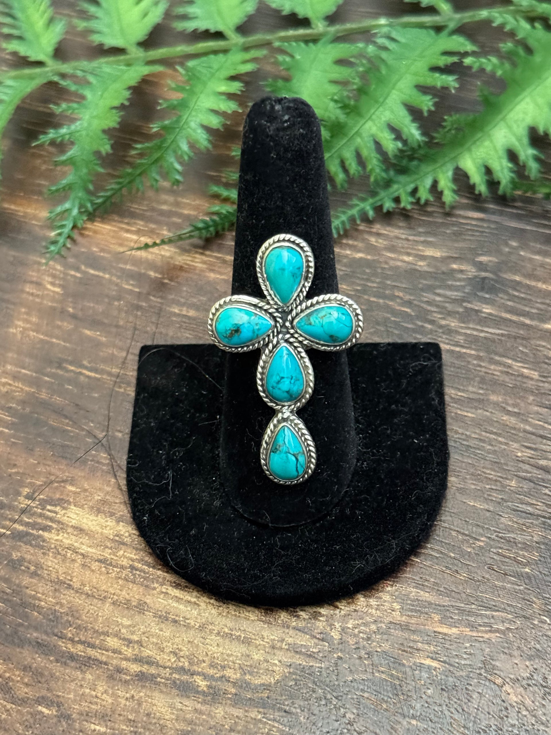 Navajo Made Mohave Kingman Turquoise & Sterling Silver Cross Ring