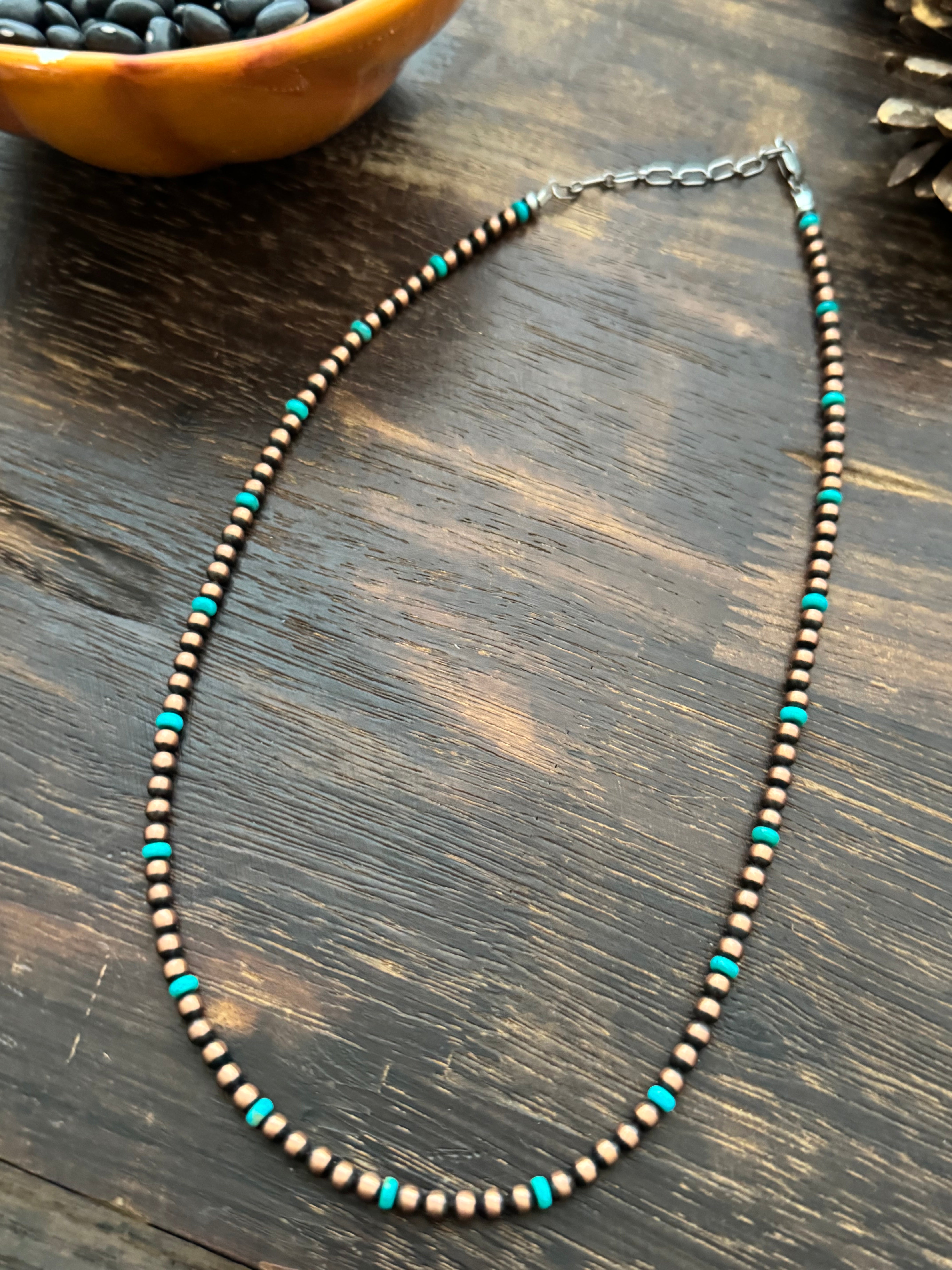 Navajo Strung Kingman Turquoise & Copper & Sterling Silver Graduated Beaded Necklace