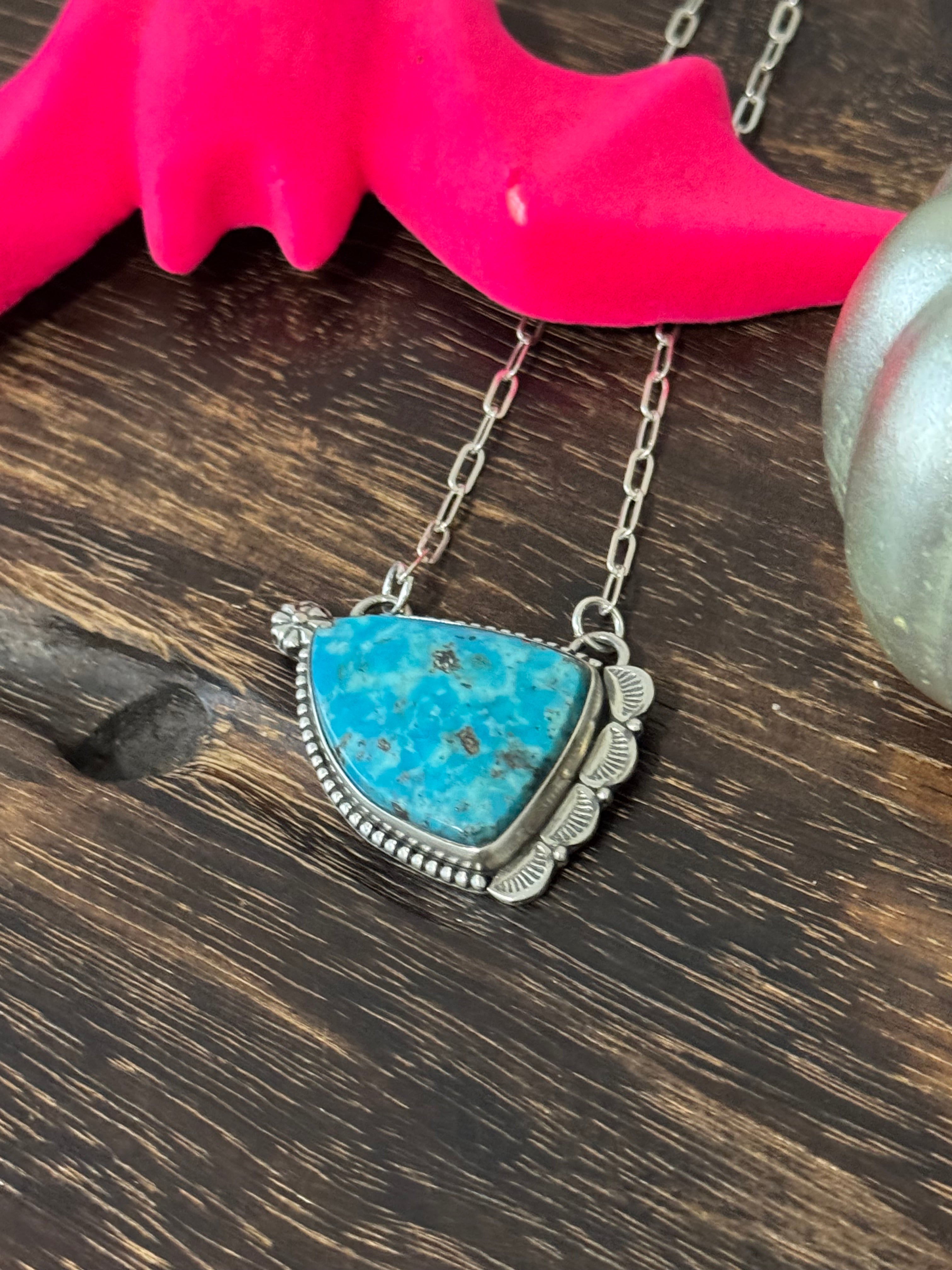 Navajo Made Kingman Turquoise & Sterling Silver Necklace