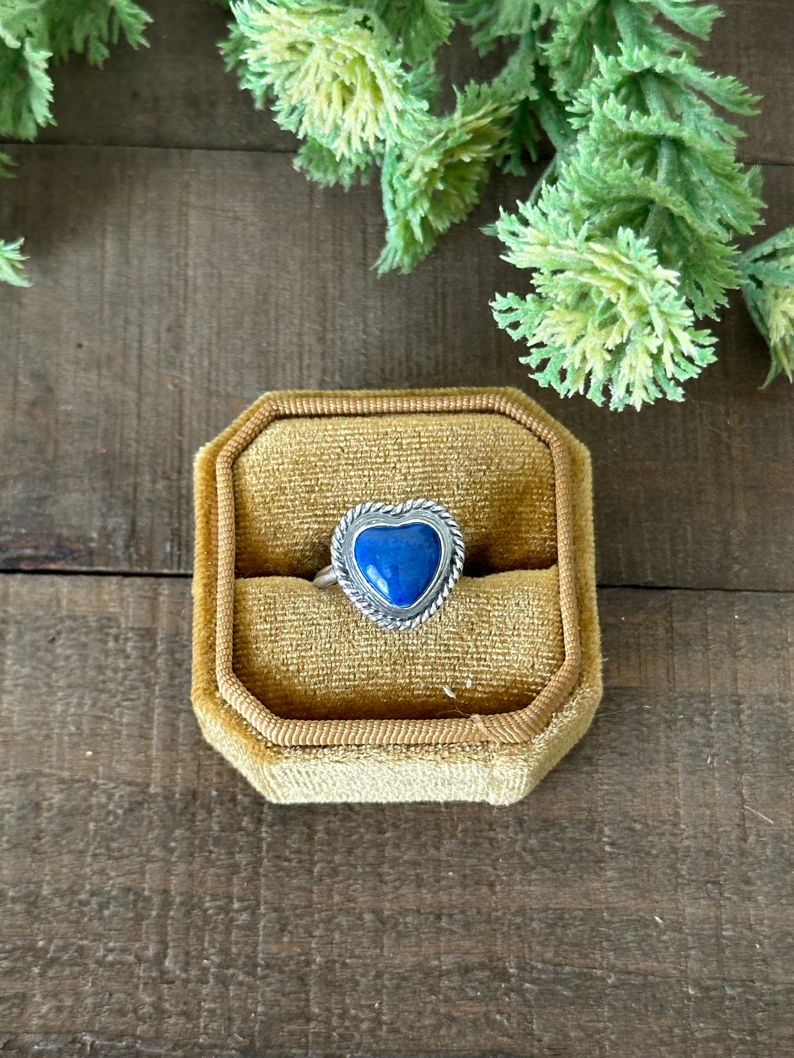 Navajo Made Lapis & Sterling Silver Heart Adjustable Ring