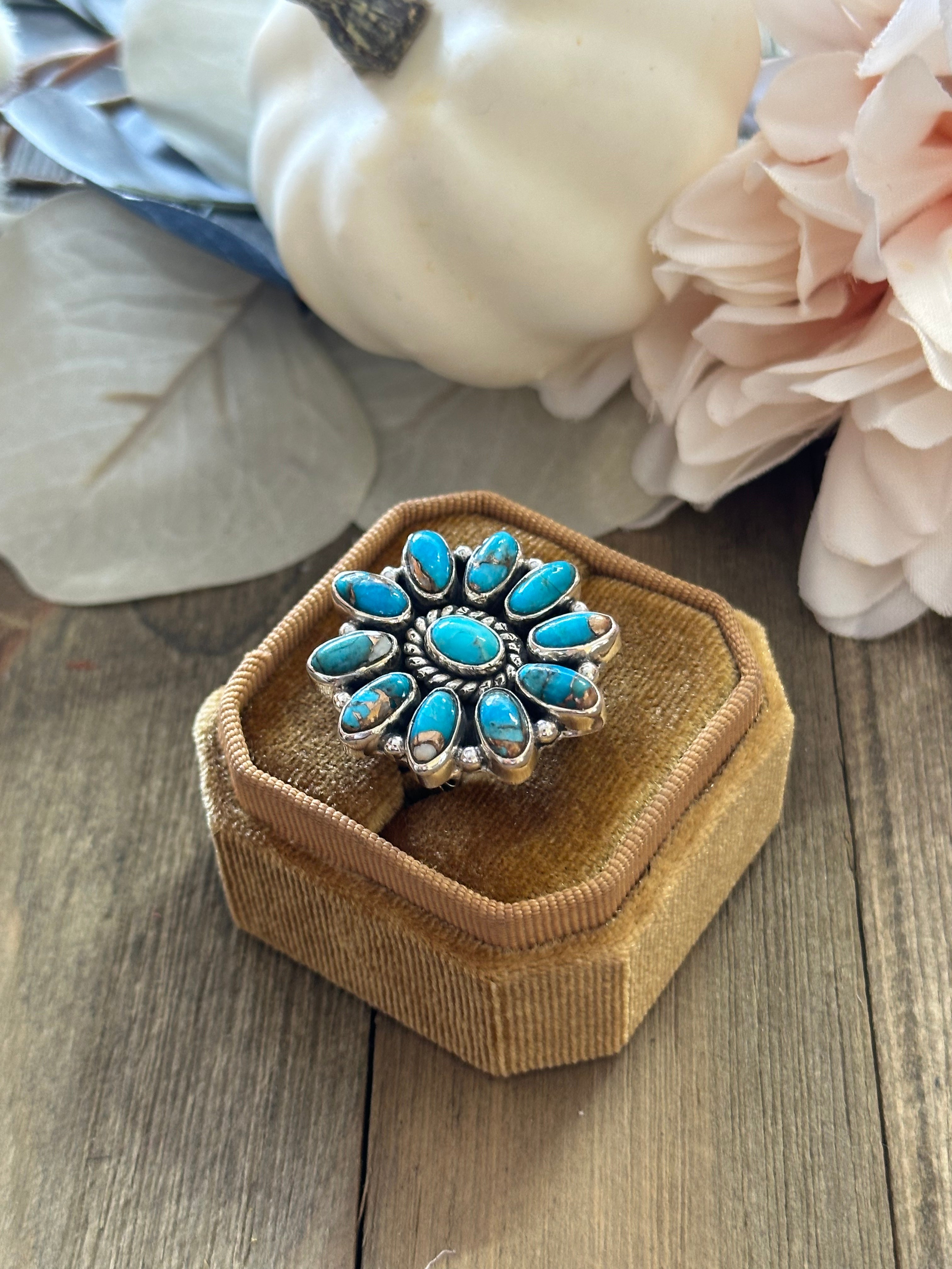 Southwest Handmade Mohave Turquoise & Sterling Silver Adjustable Cluster Ring