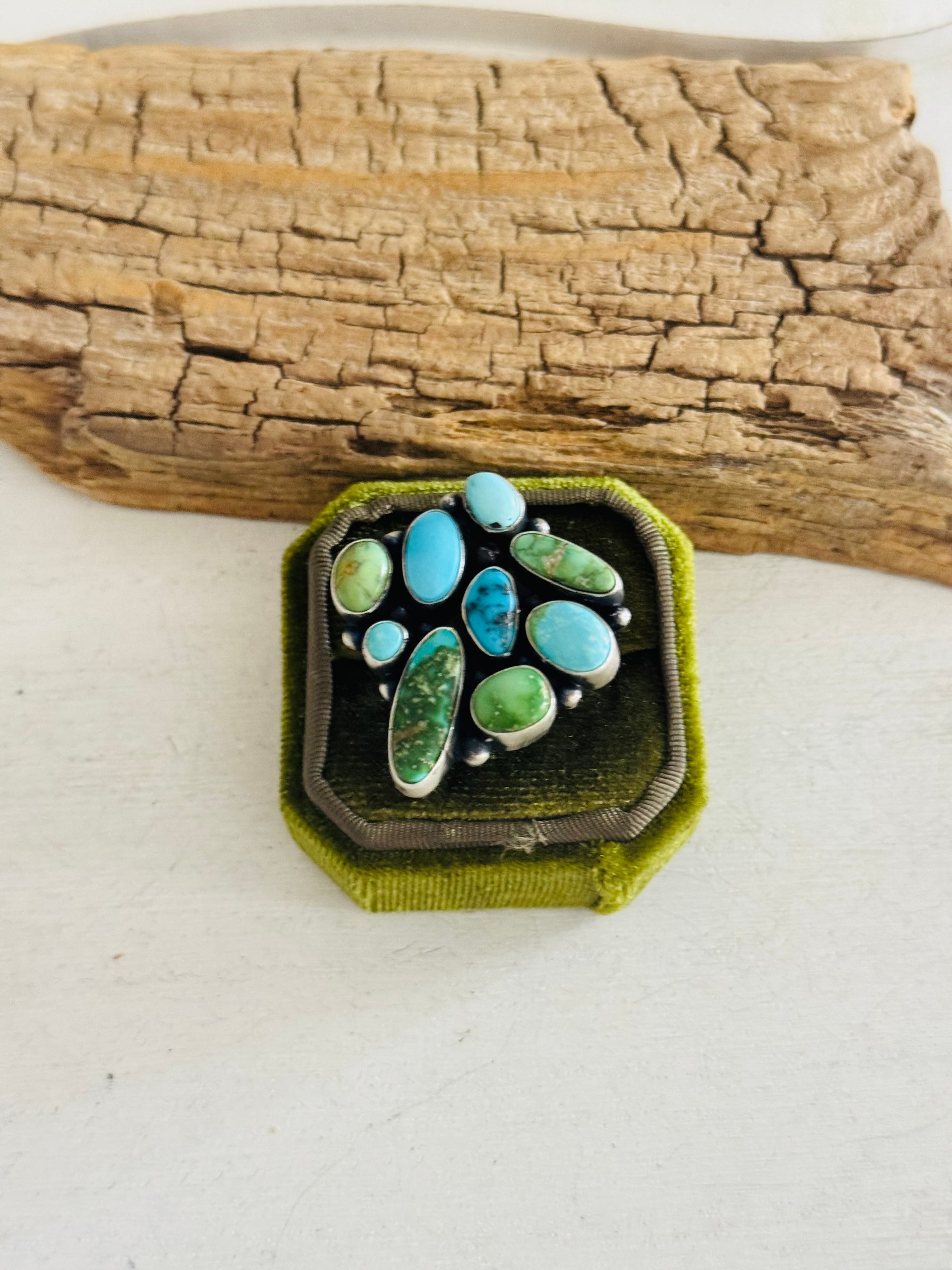 Navajo Made Multi Turquoise & Sterling Silver Ring Size 8