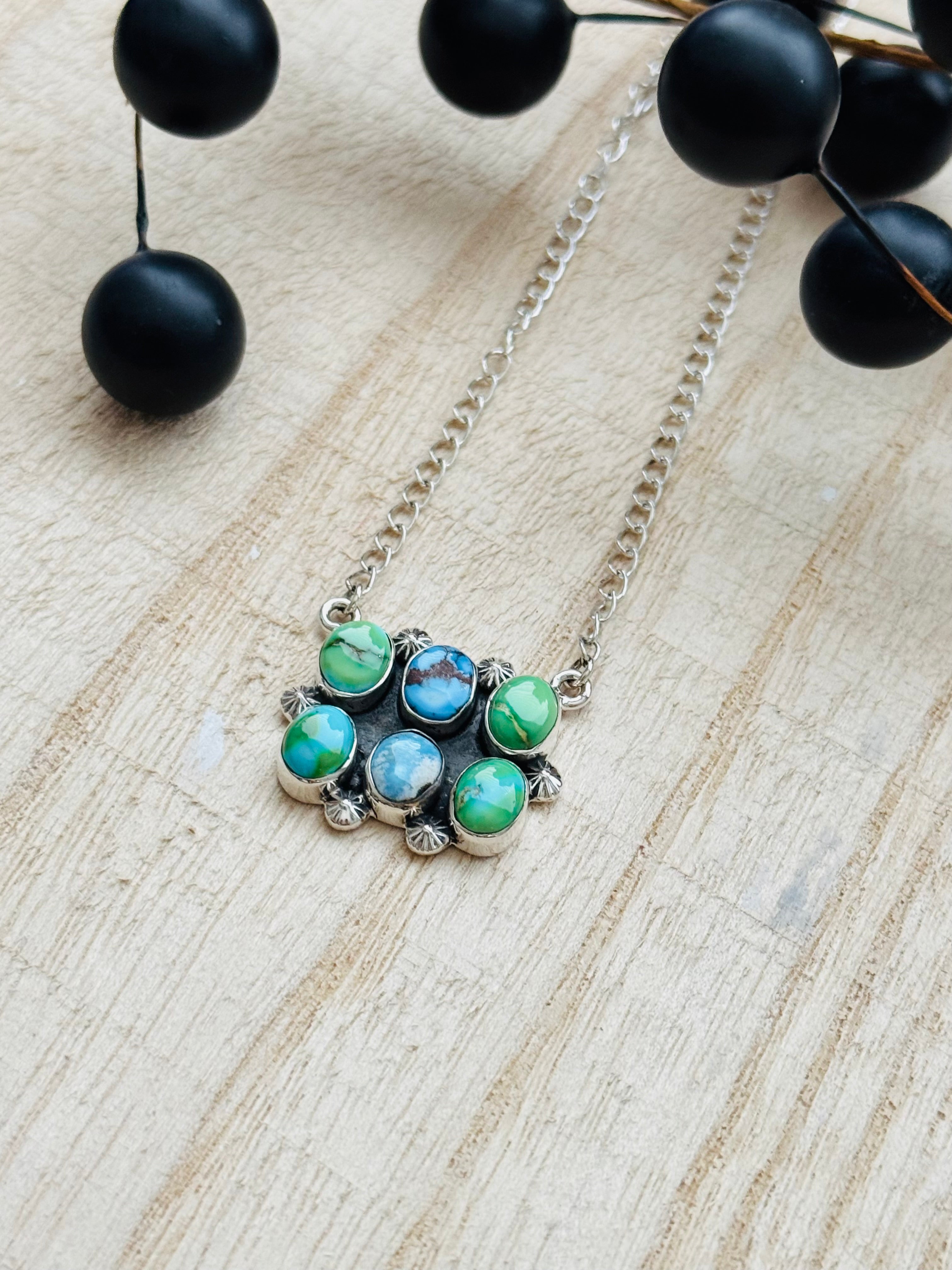 Southwest Handmade Multi Stone & Sterling Silver Cluster Necklace