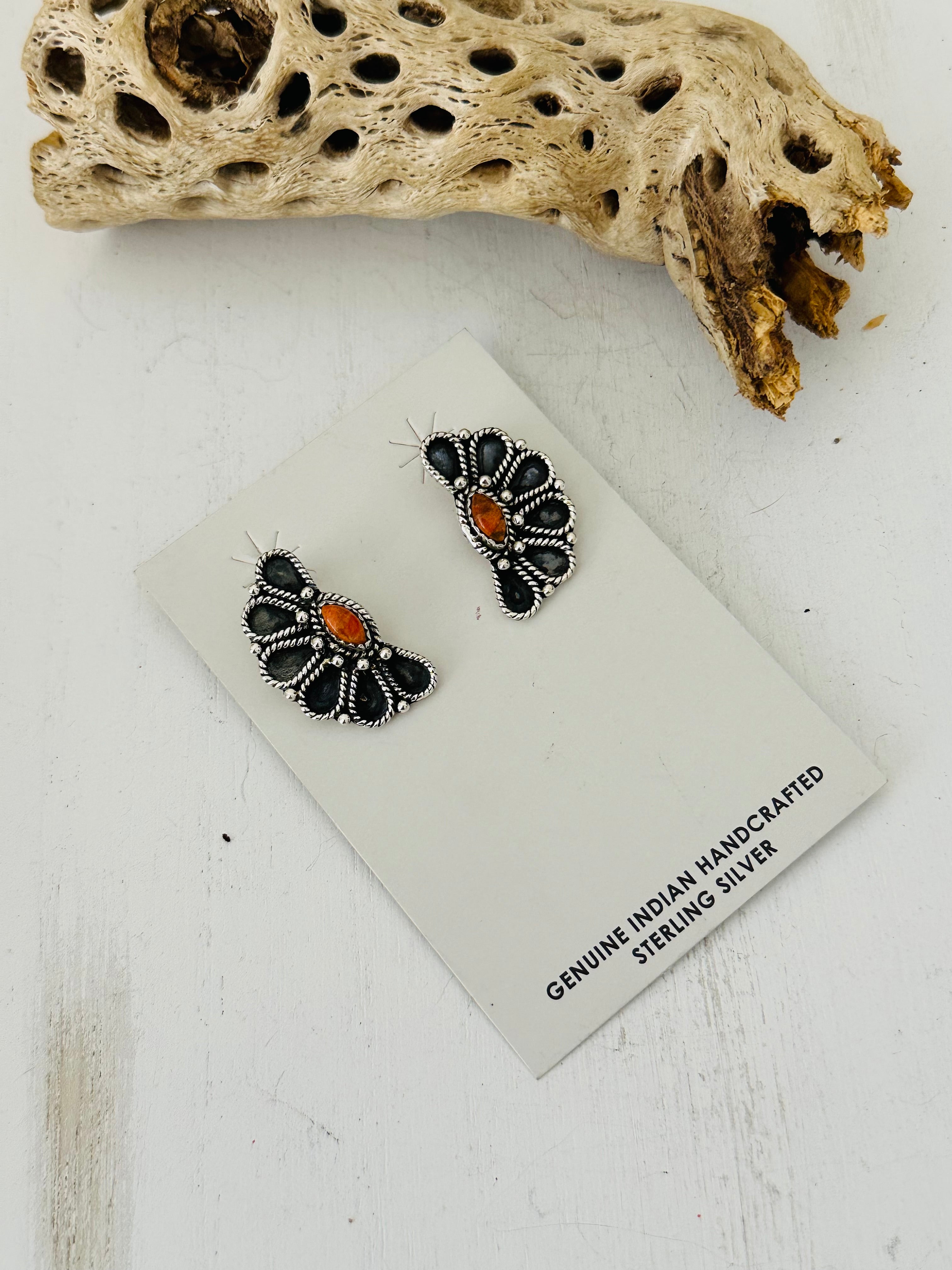 Southwest Handmade Apple Coral & Sterling Silver Half Flower Post Earrings