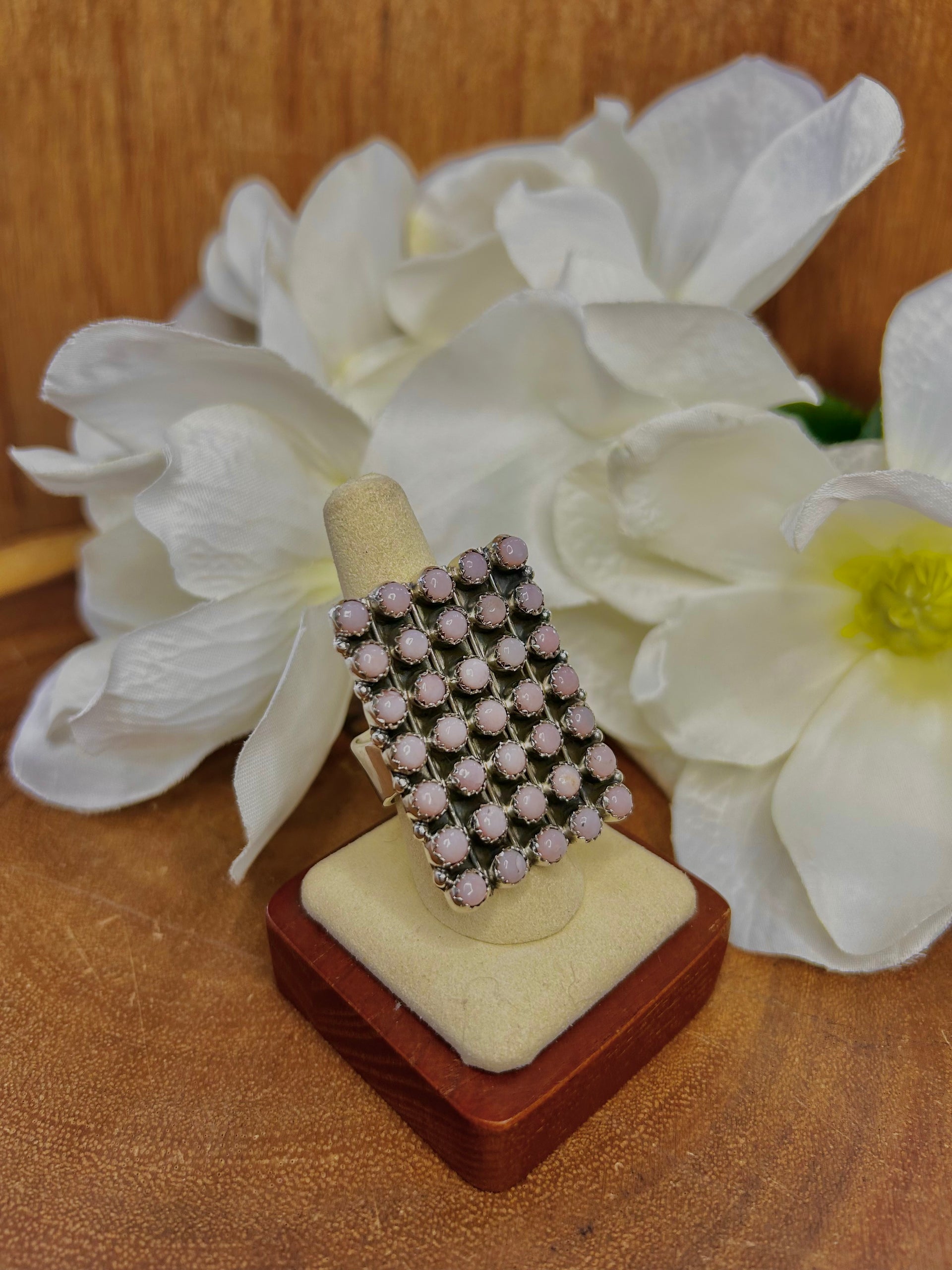 Southwest Made Peruvian Pink Opal & Sterling Sliver Cluster Ring Size 10