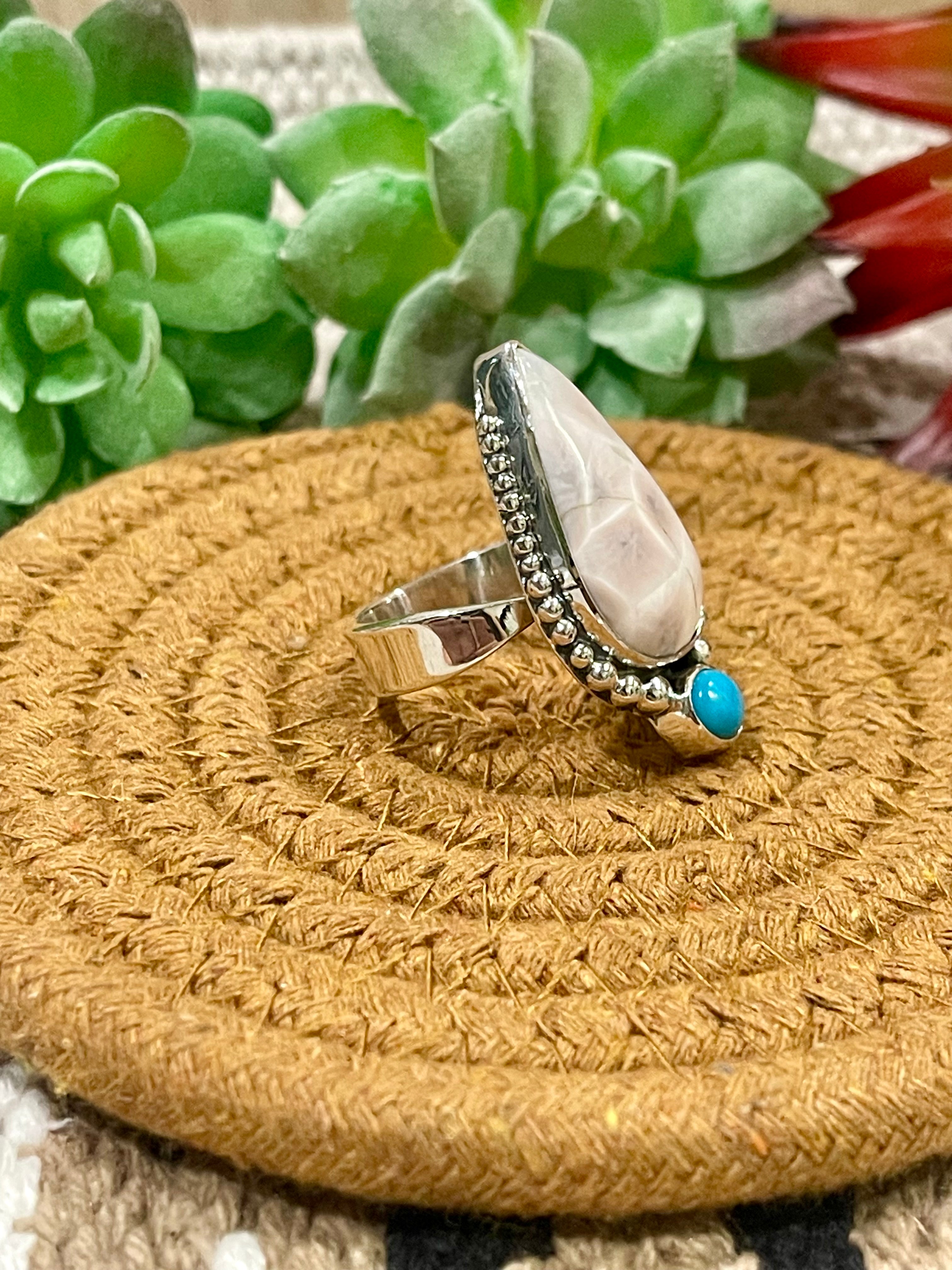 Southwest Handmade Pink Larimar With Kingman Turquoise & Sterling Silver Adjustable Ring