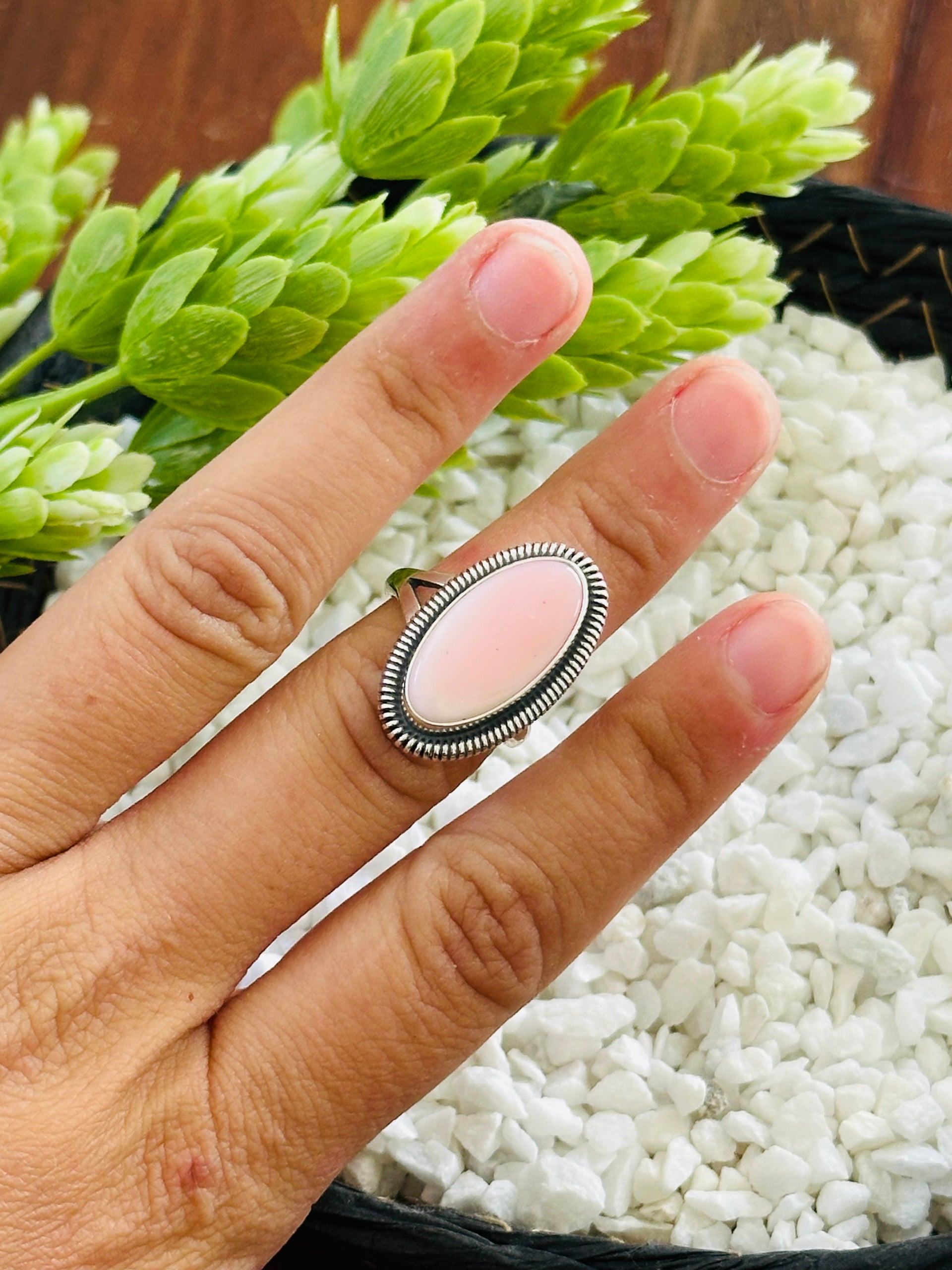 Navajo Made Pink Conch & Sterling Silver Adjustable Ring