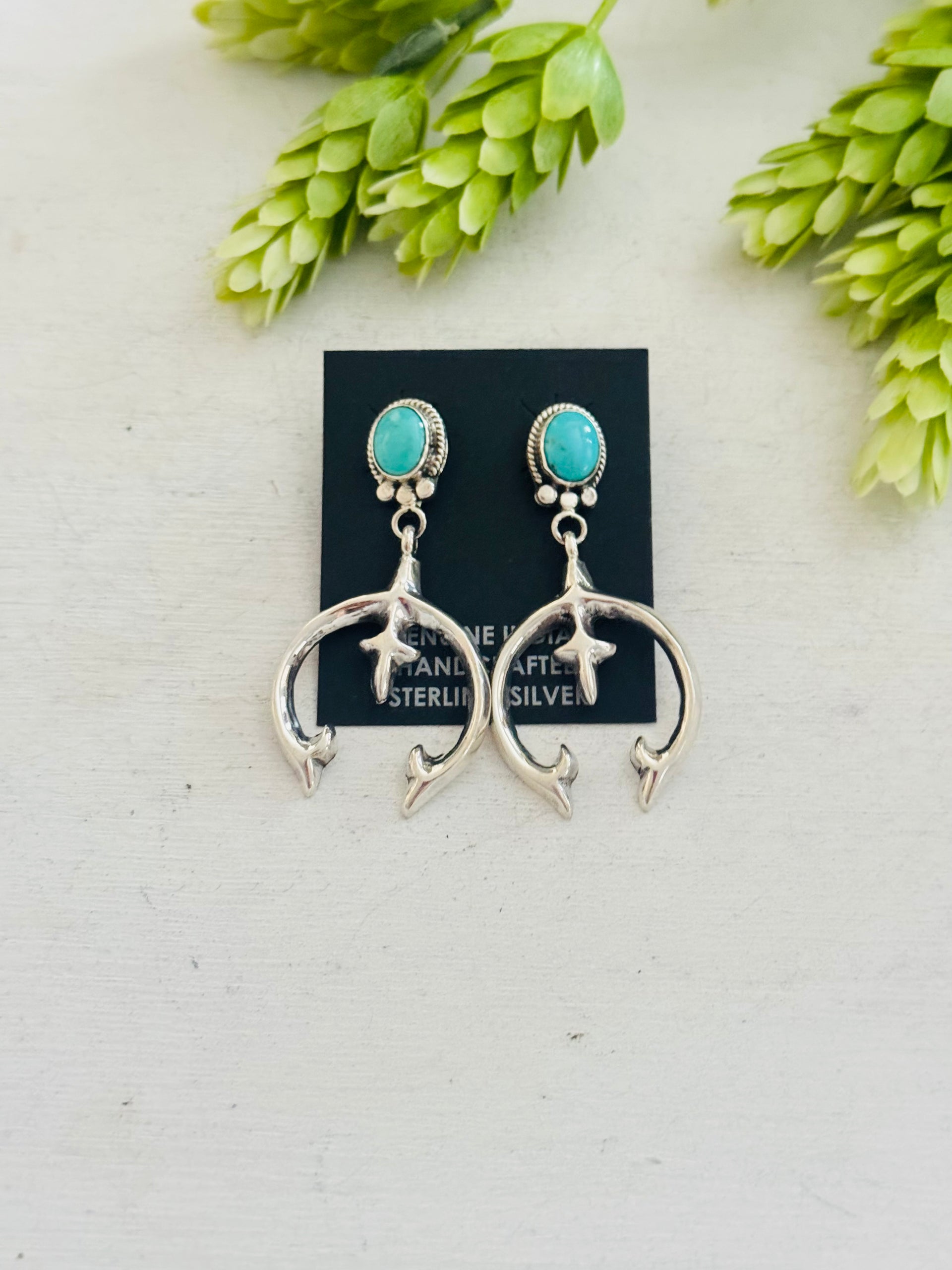 Navajo Made Kingman Turquoise & Sterling Silver Post Dangle Earrings