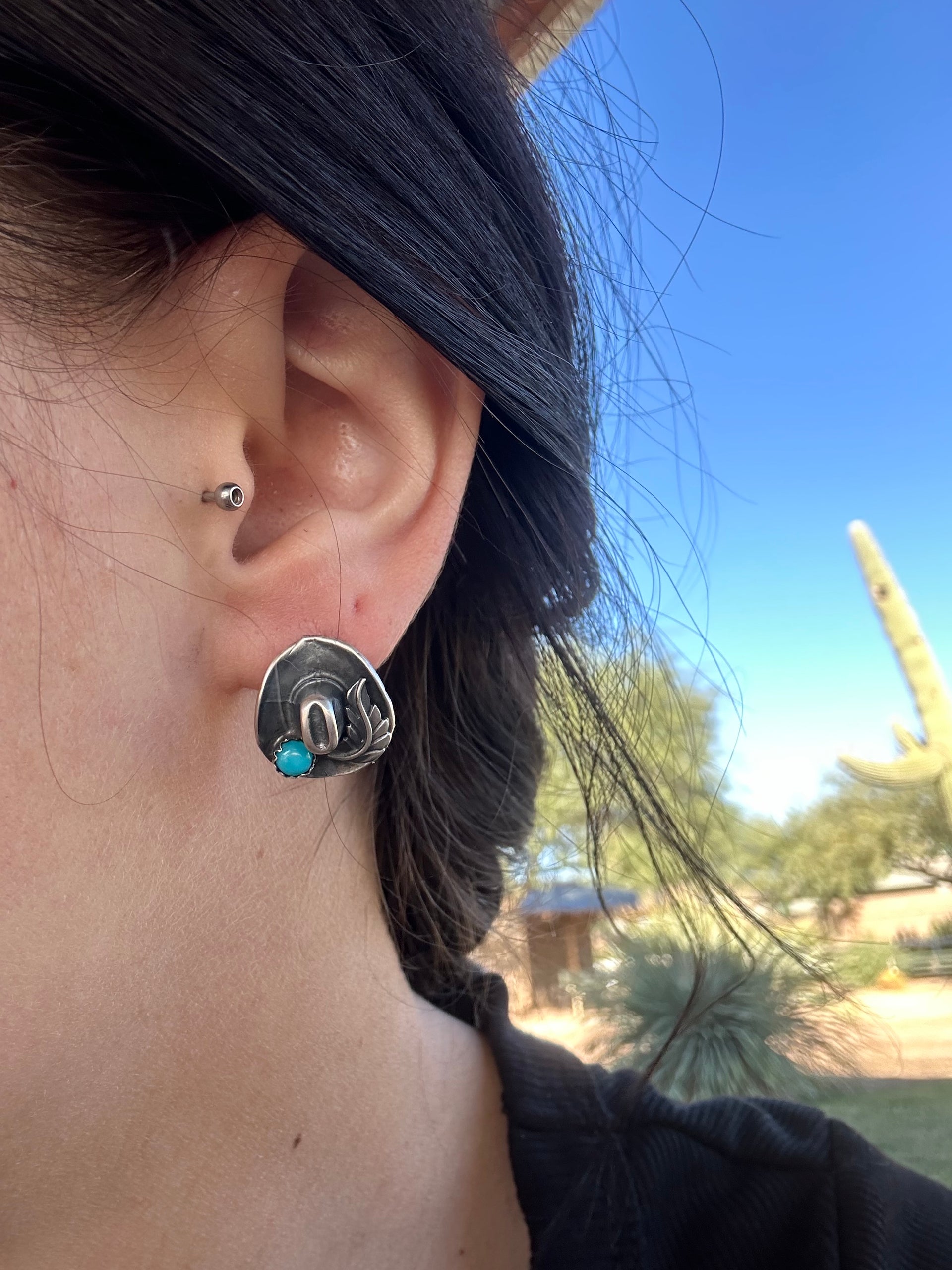 Navajo Handmade Turquoise & Sterling Silver Post Cowboy Hat Earrings