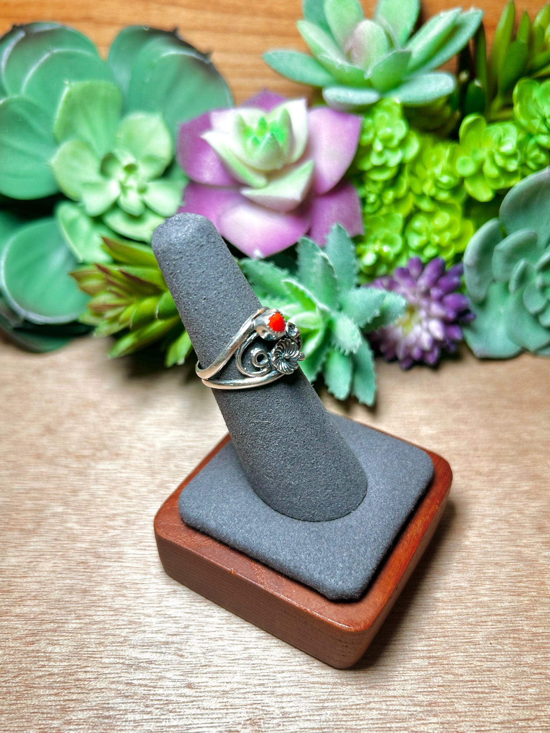 Navajo Made Coral & Sterling Silver Ring