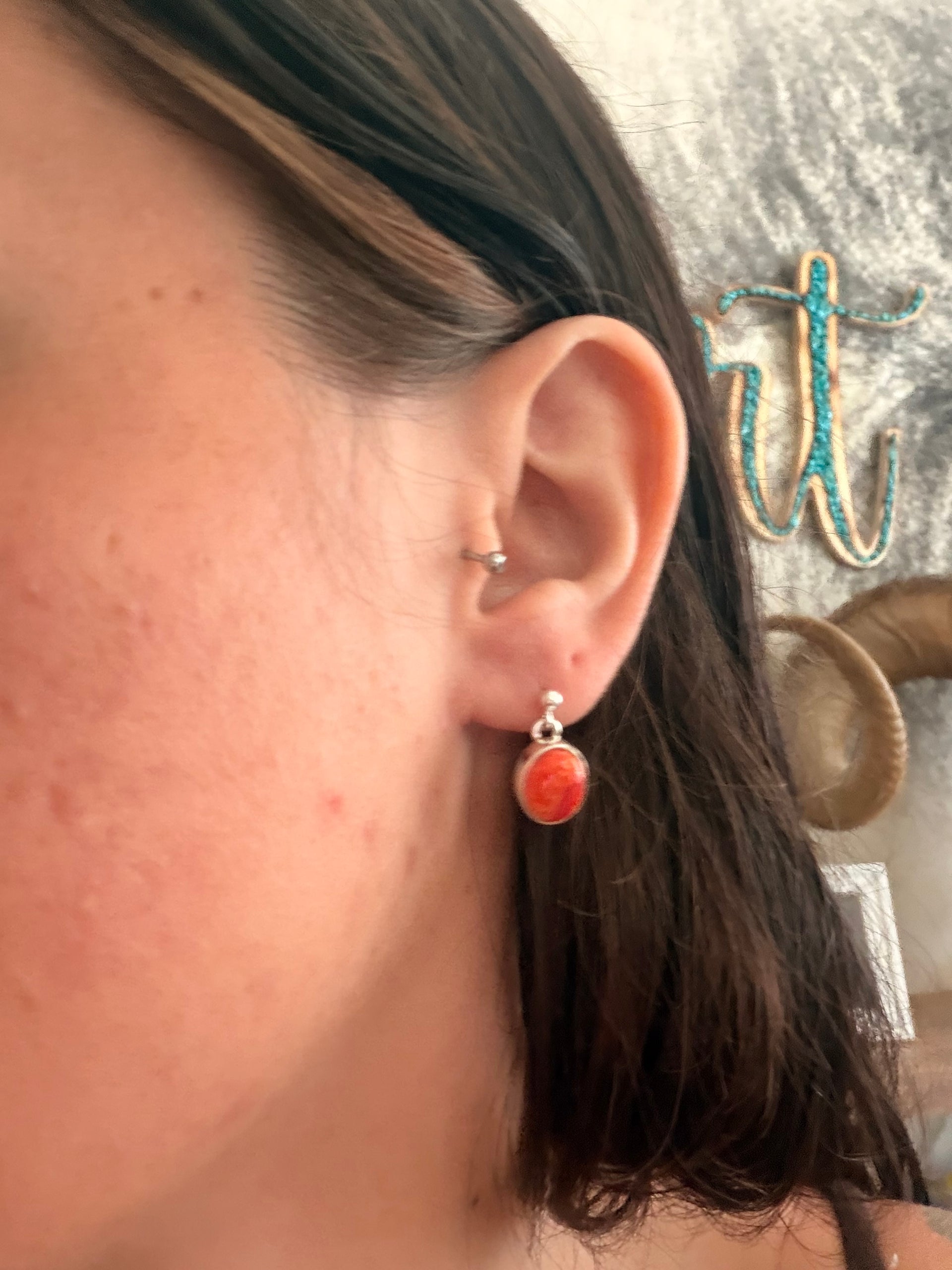 Navajo Made Spiny Oyster & Sterling Silver Post Dangle Earrings