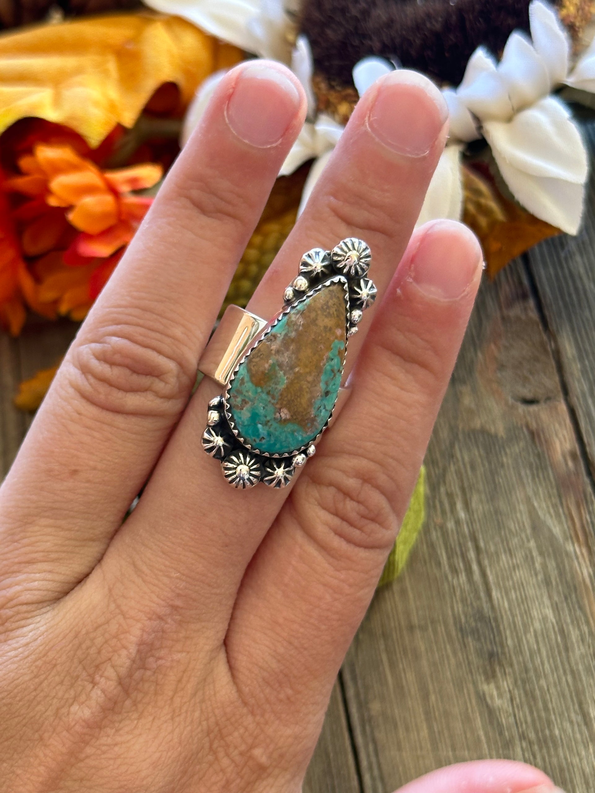 Southwest Handmade #8 Turquoise & Sterling Silver Adjustable Ring