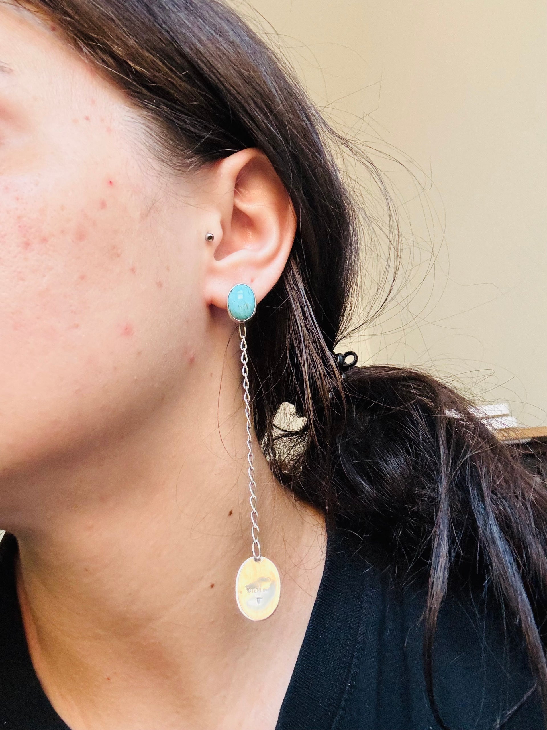 Navajo Made Kingman Turquoise & Sterling Silver Post Dangle Earrings