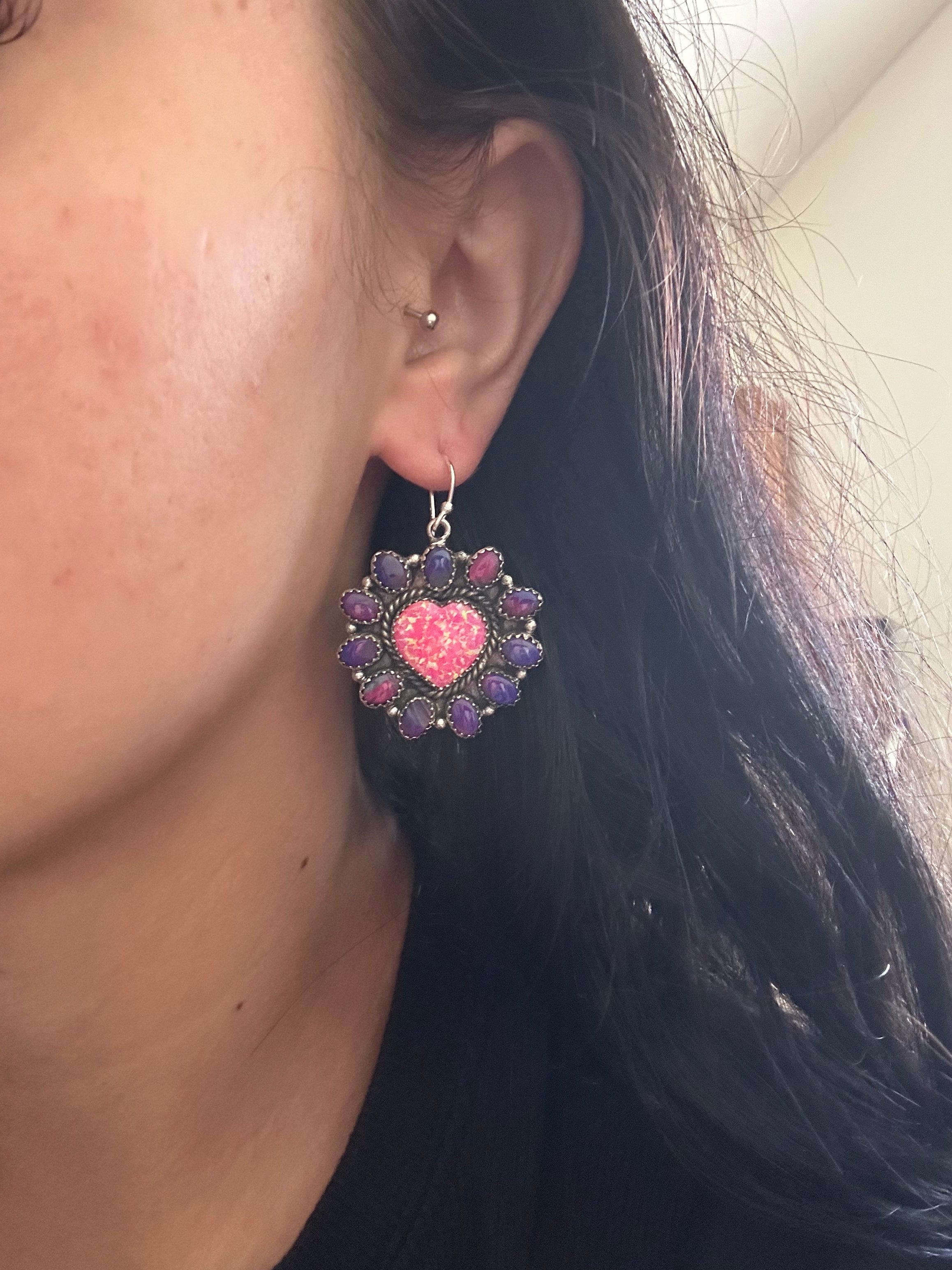 Southwest Handmade Opal & Sterling Silver Dangle Cluster Heart Earrings