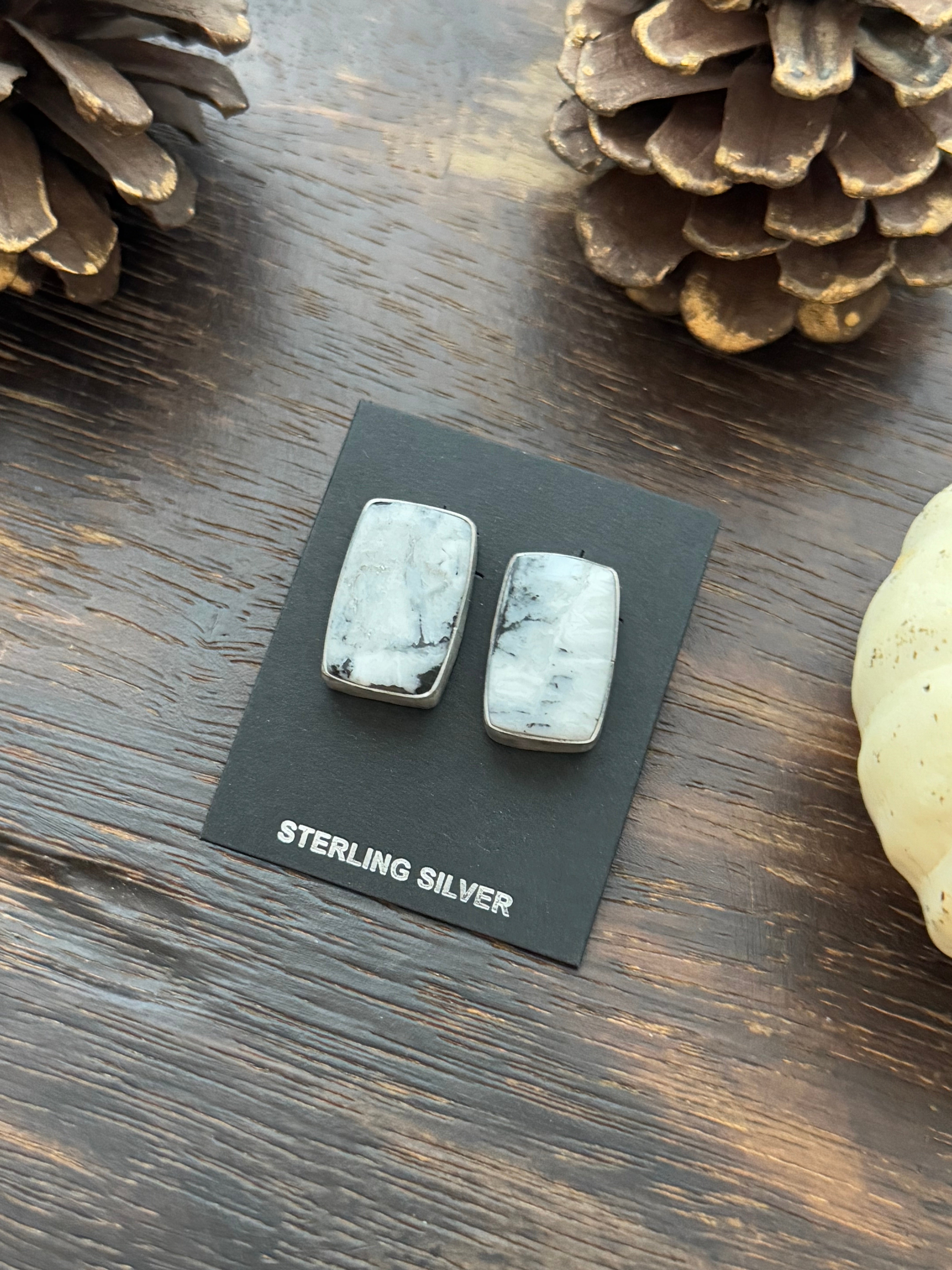 Navajo Made White Buffalo & Sterling Silver Post Earrings