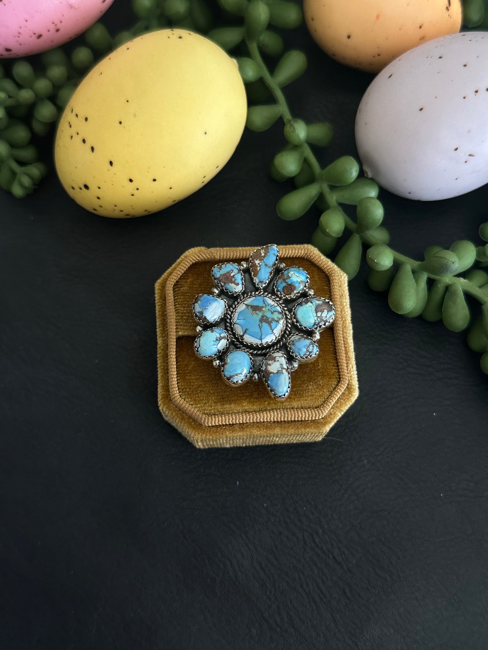 Southwest Handmade Golden Hills Turquoise & Sterling Silver Adjustable Cluster Ring