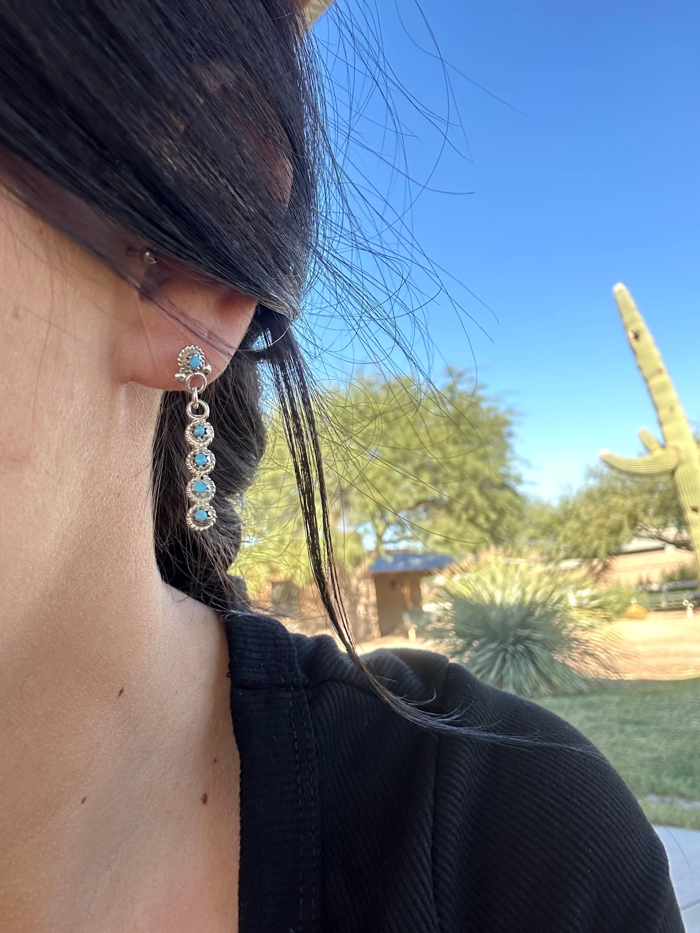 Navajo Handmade Sterling Silver Post Dangle Earrings