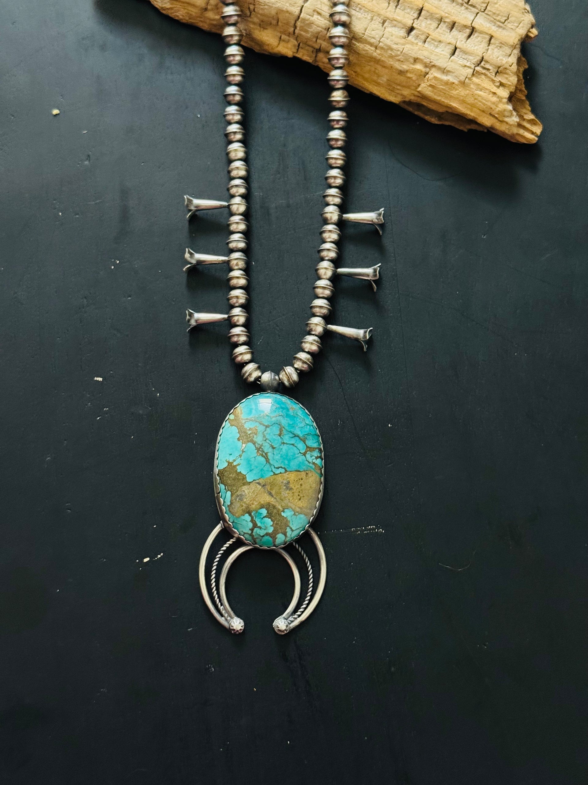 Navajo Made Pilot Mountain Turquoise & Sterling Silver Squash Blossom Necklace