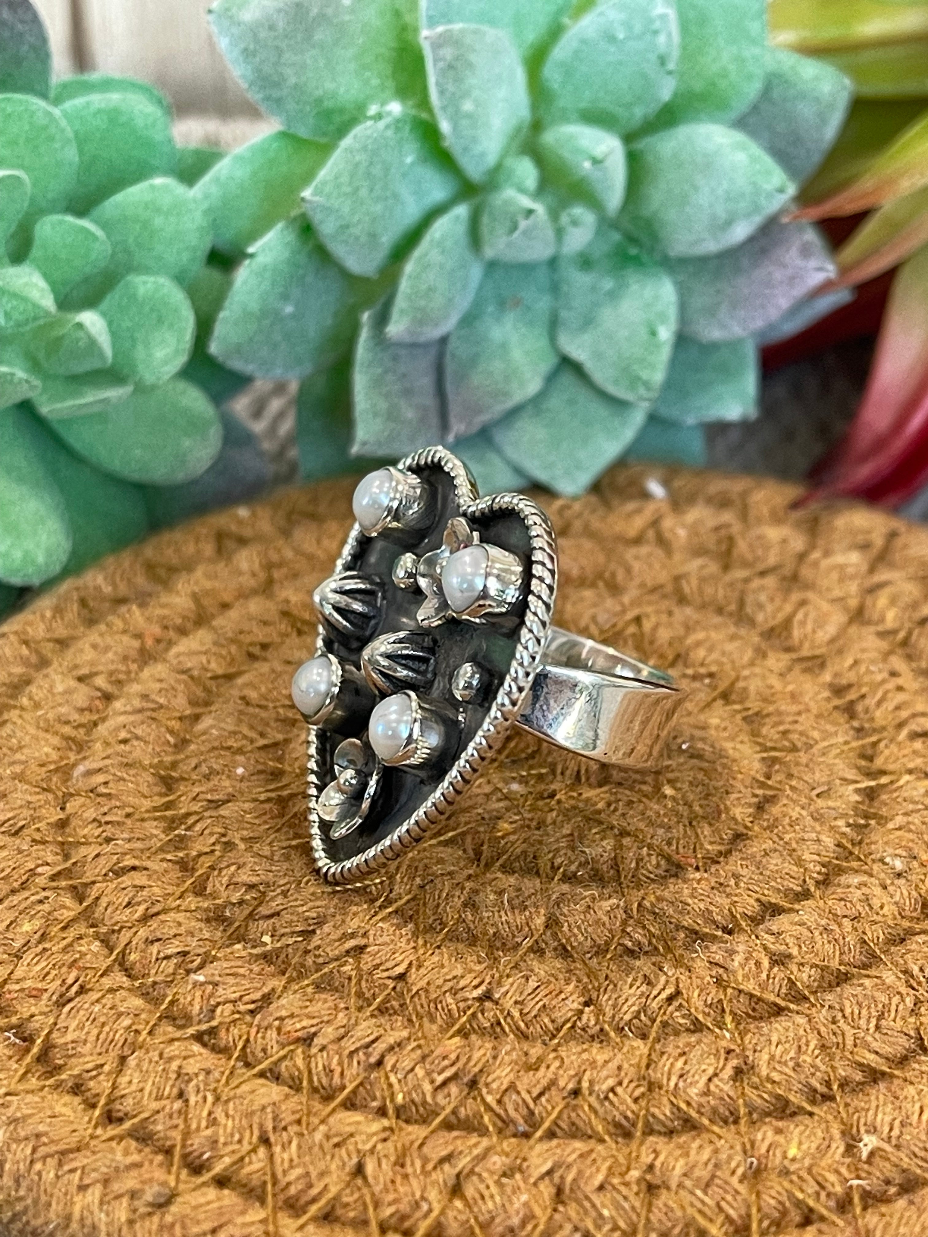 Southwest Handmade Mother Of Pearl & Sterling Silver Adjustable Heart Ring