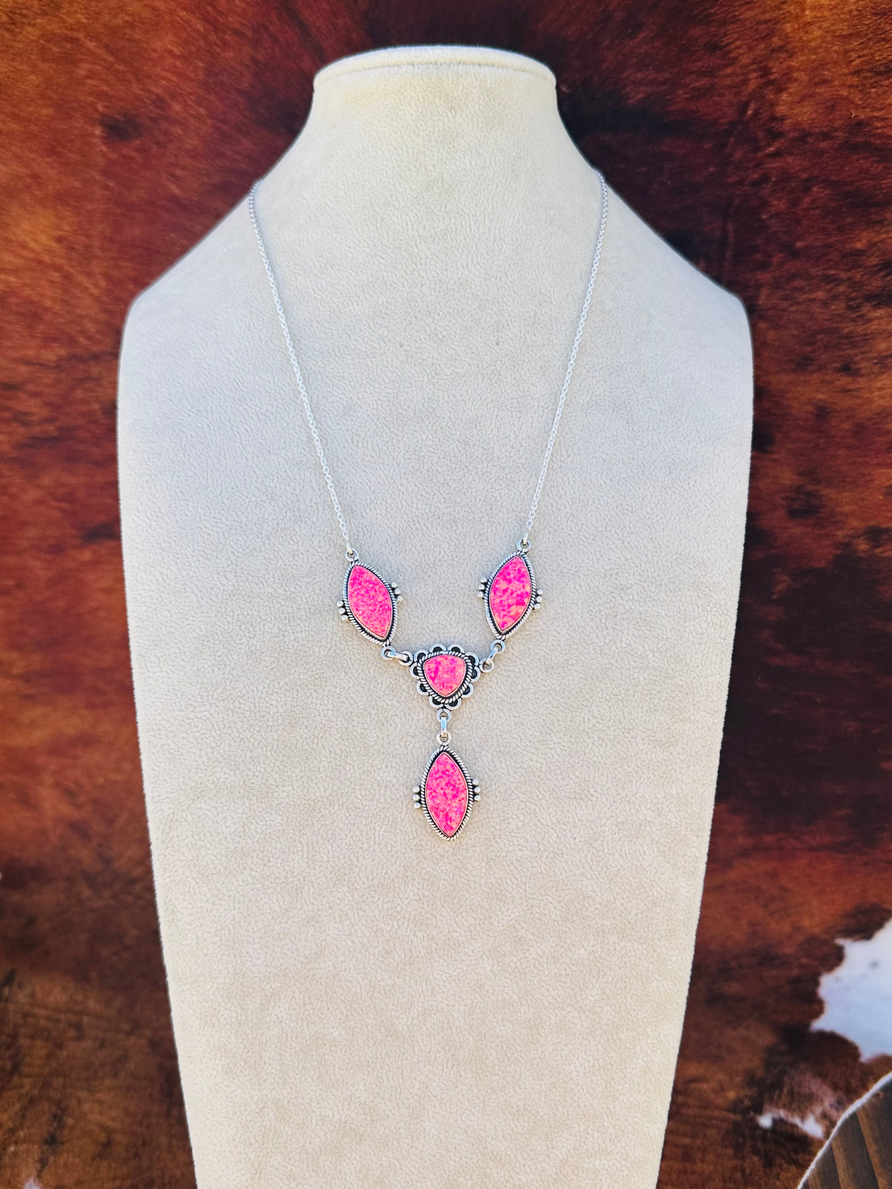 Southwest Handmade Hot Pink Opal & Sterling Silver Lariat Necklace