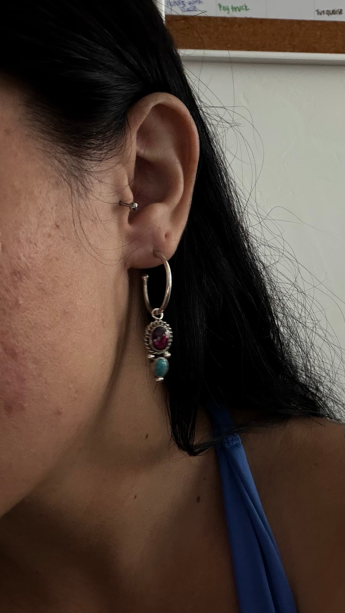 Navajo Made Multi Stone & Sterling Silver Post Dangle Hoop Earrings