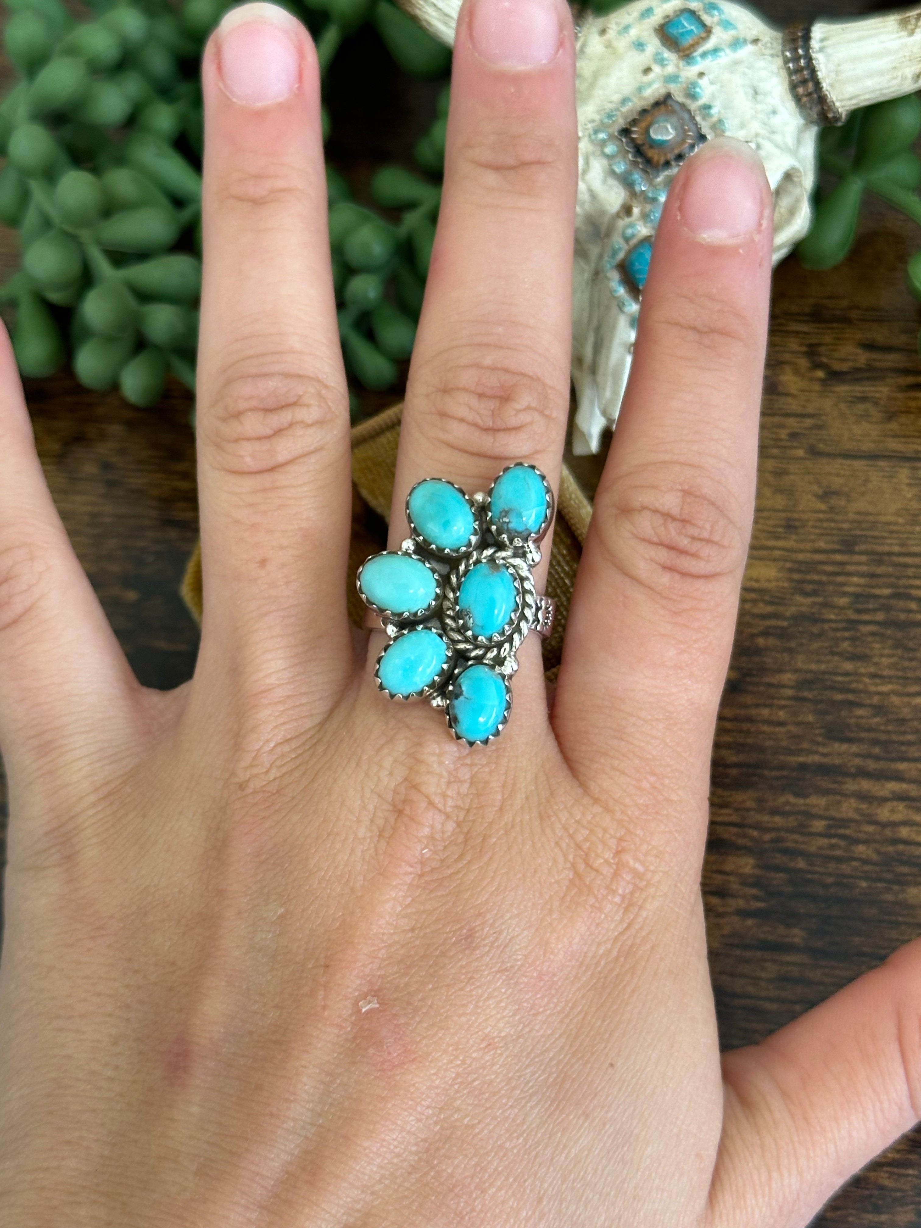 Southwest Handmade Kingman Turquoise & Sterling Silver Adjustable Cluster Ring