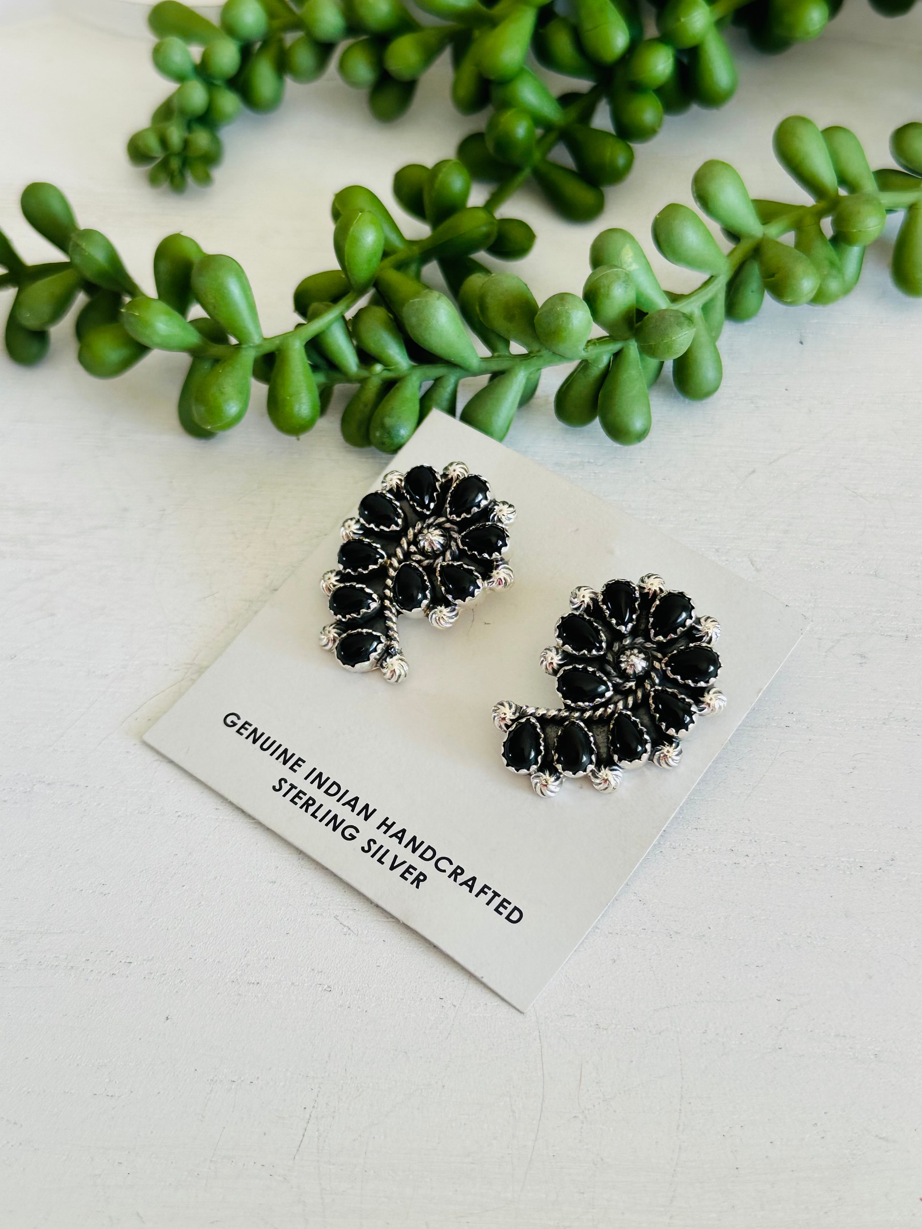 Southwest Handmade Onyx & Sterling Silver Post Cluster Earrings