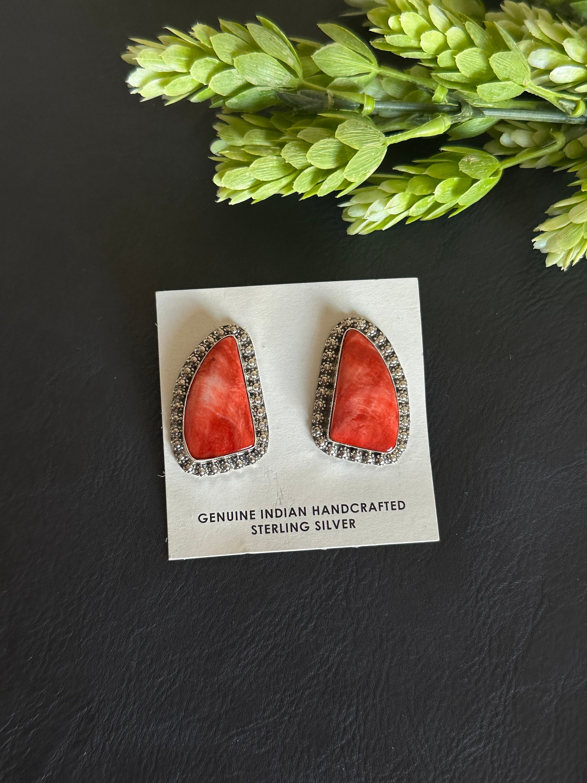 Navajo Made Red Spiny Oyster & Sterling Silver Post Earrings
