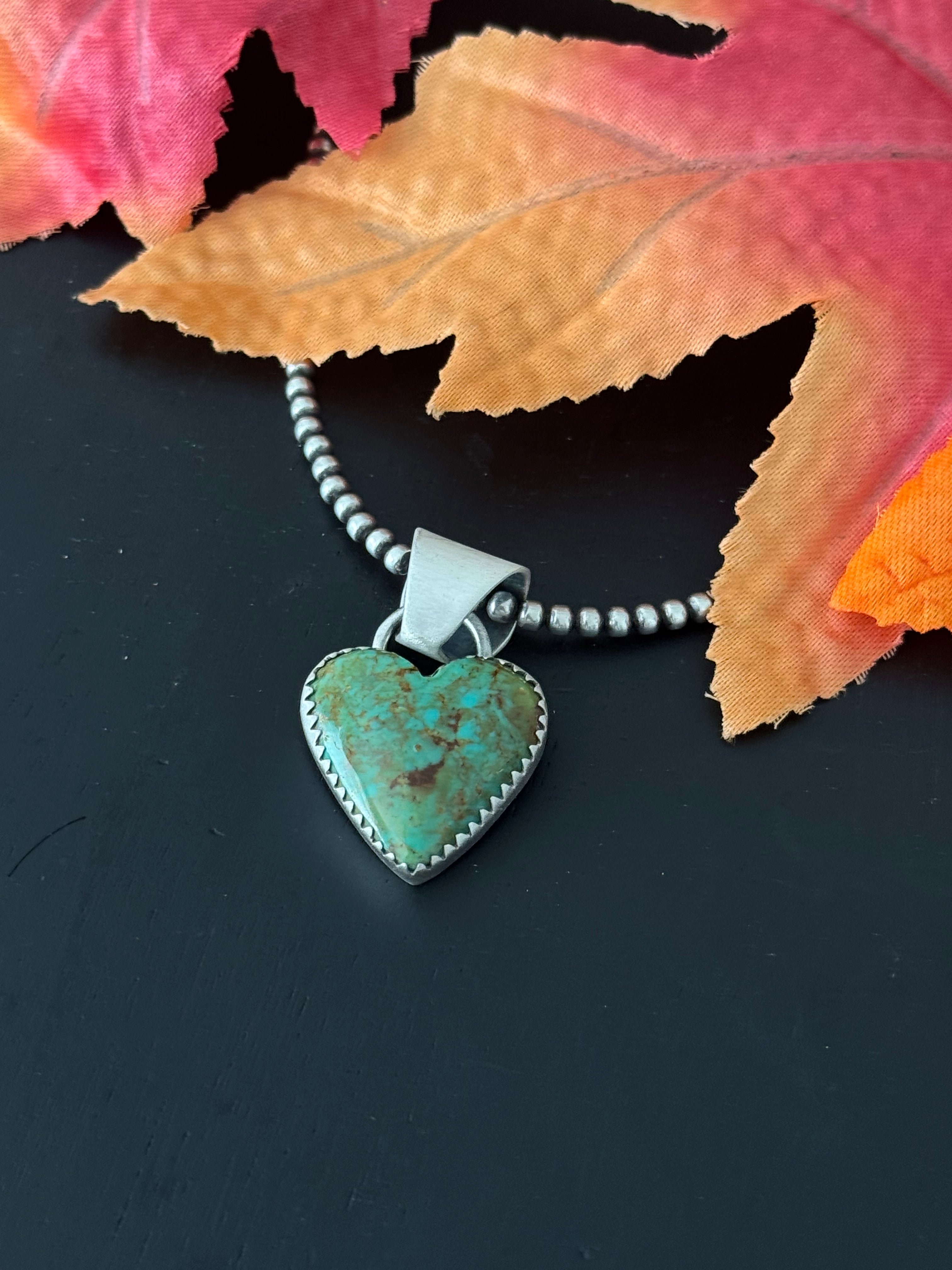 Navajo Made Kingman Turquoise & Sterling Silver Heart Pendant