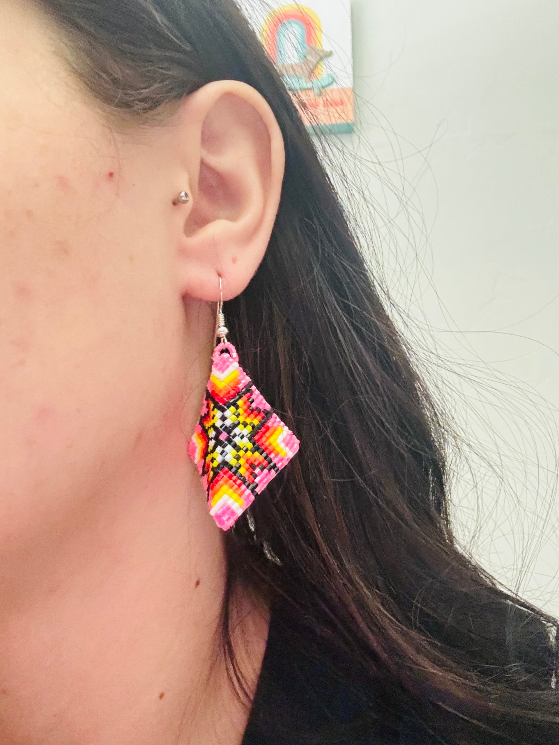 Navajo Made Leather Beaded & Sterling Silver Dangle Earrings