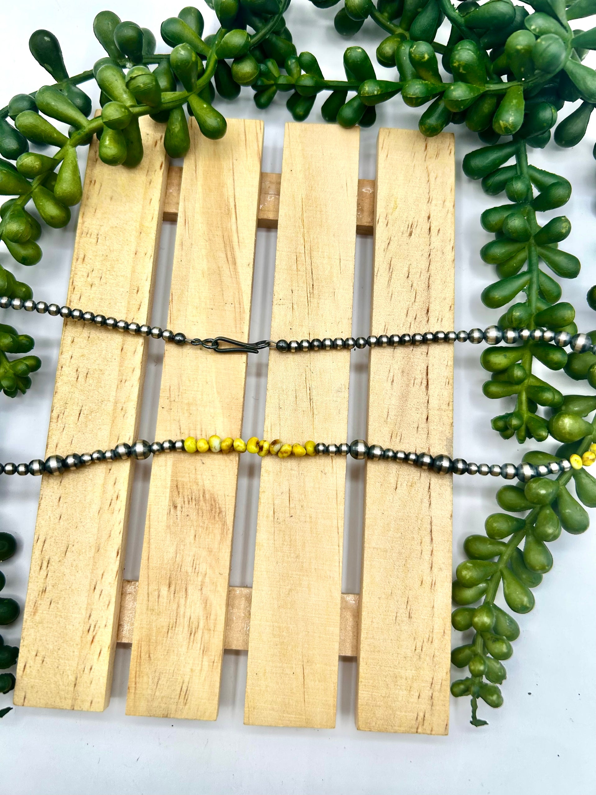 Navajo Made Strung Palomino Variscite & Sterling Silver Necklace