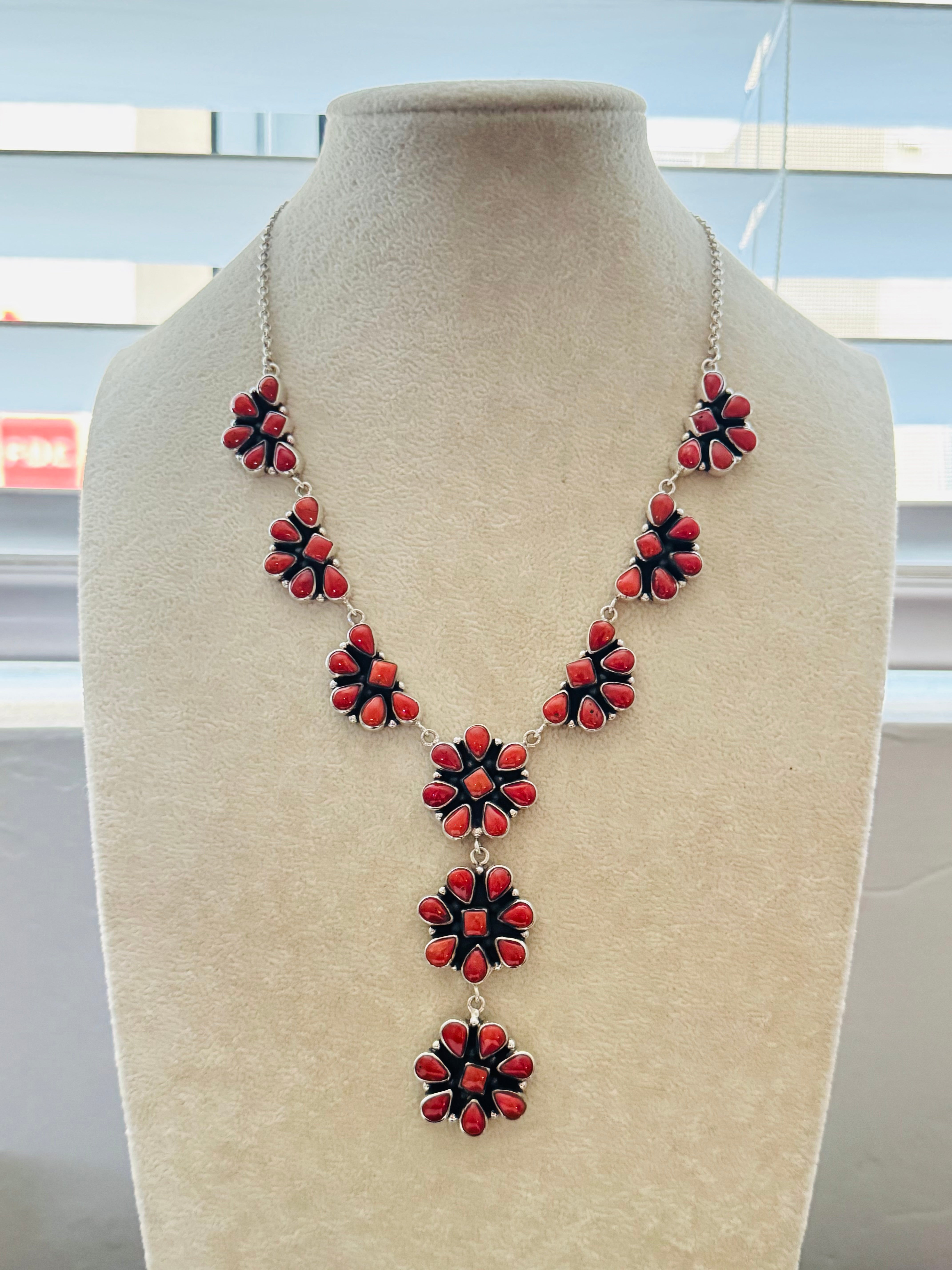 Southwest Handmade Coral & Sterling Silver Cluster Lariat Necklace Set