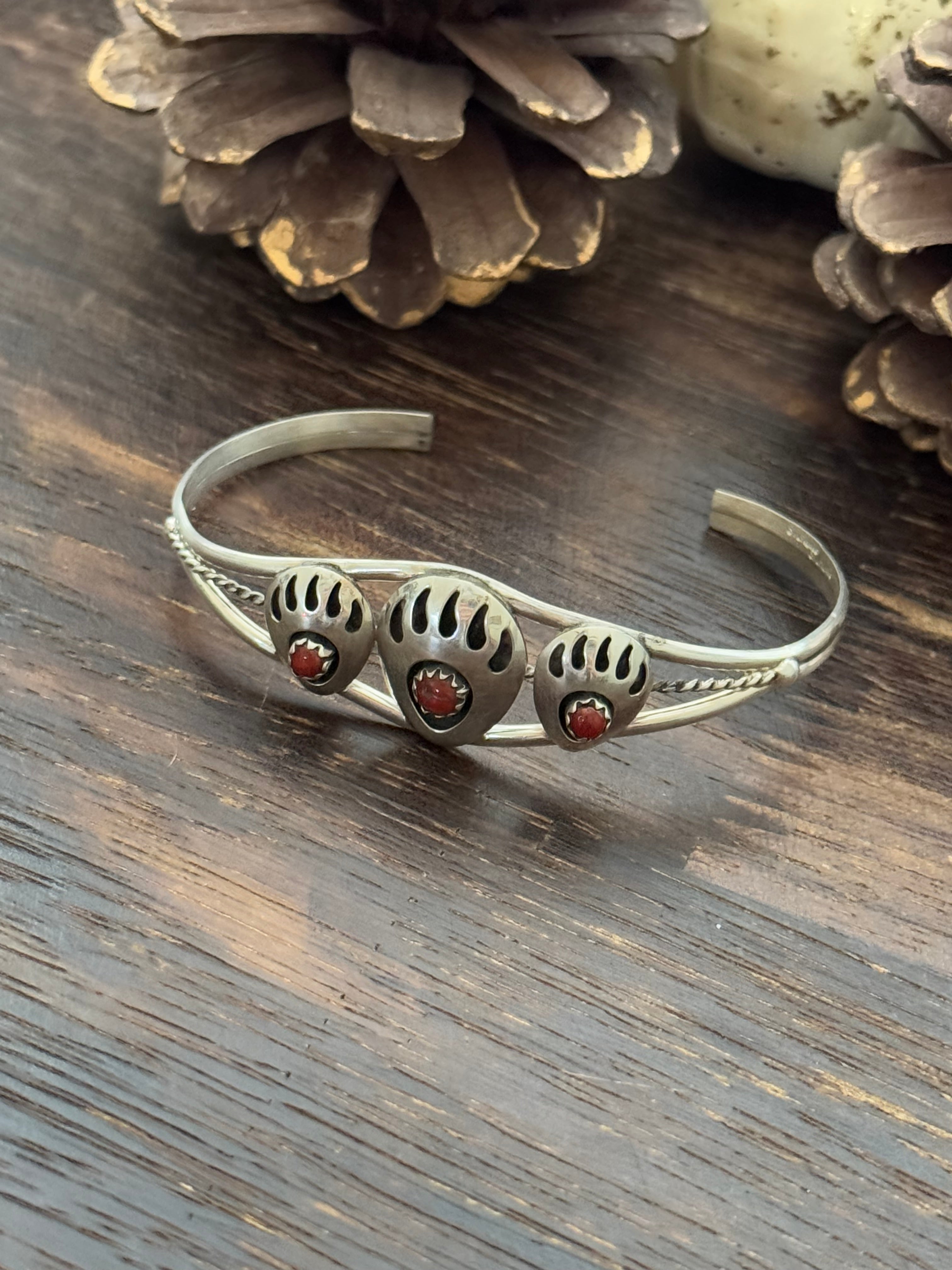 Navajo Made Red Coral & Sterling Silver Cuff Bracelet