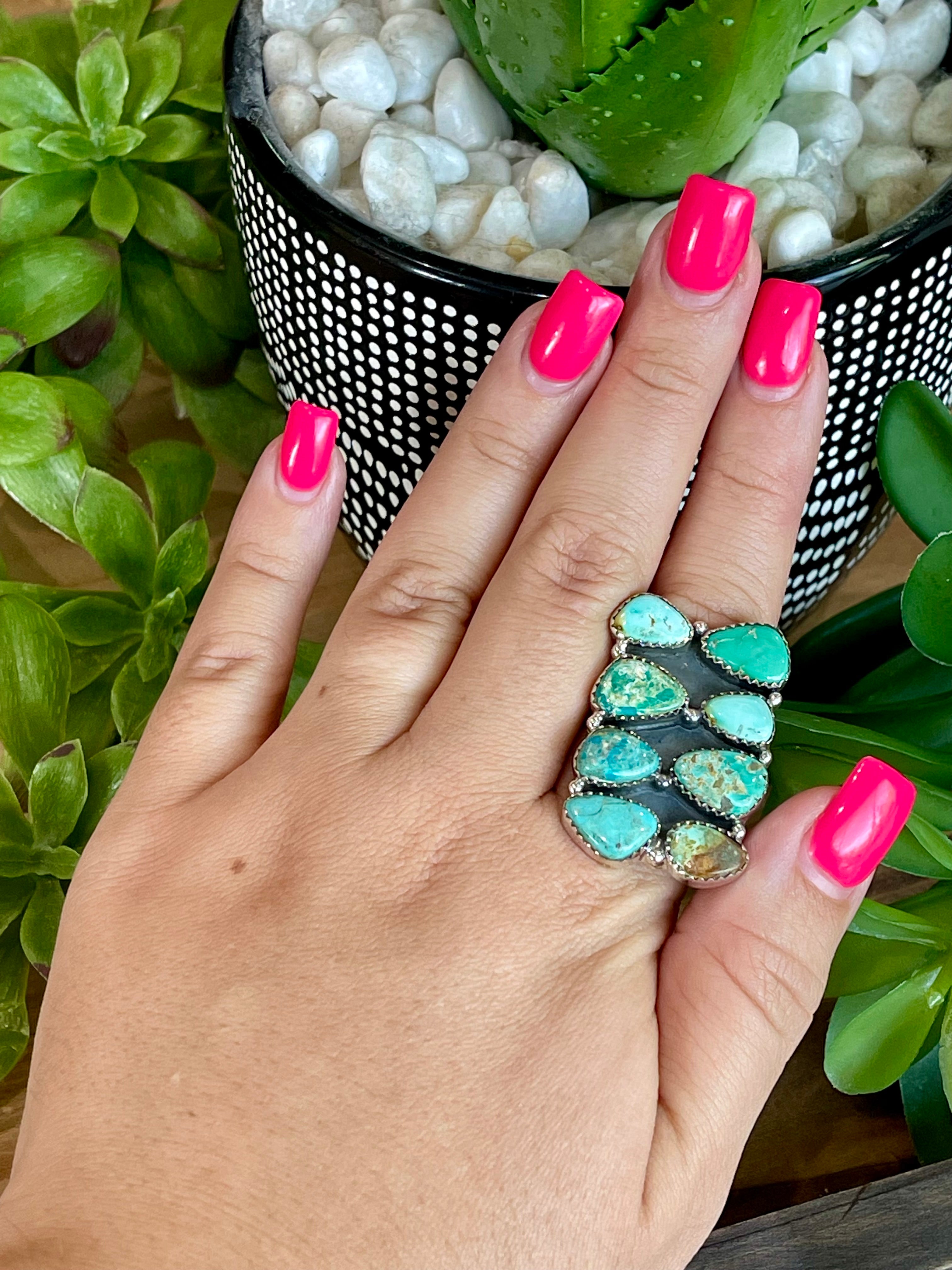 Southwest Handmade Sonoran Mountain Turquoise & Sterling Silver Cluster Adjustable Ring