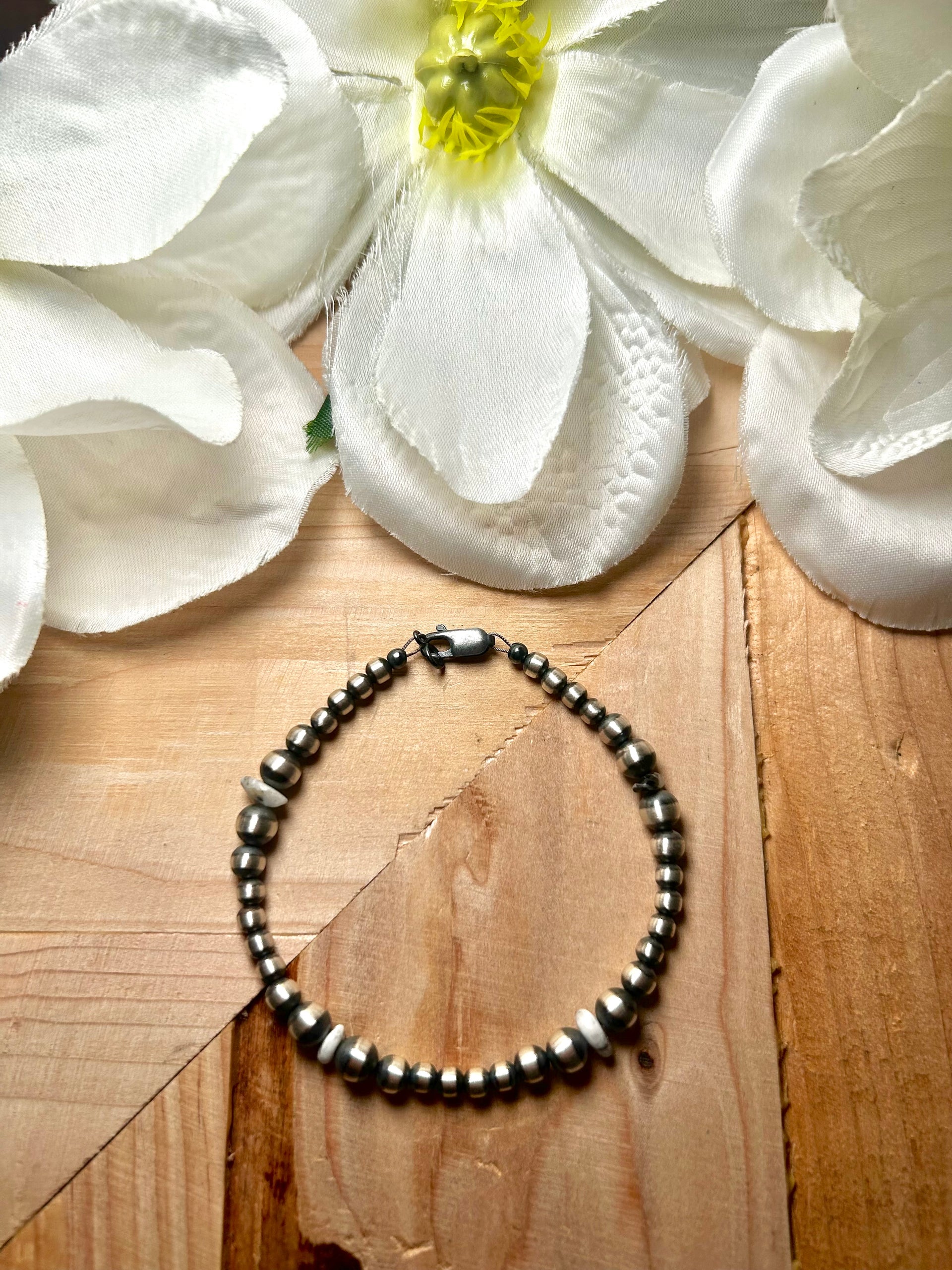 Navajo Made Strung White Buffalo & Sterling Silver Link Bracelet