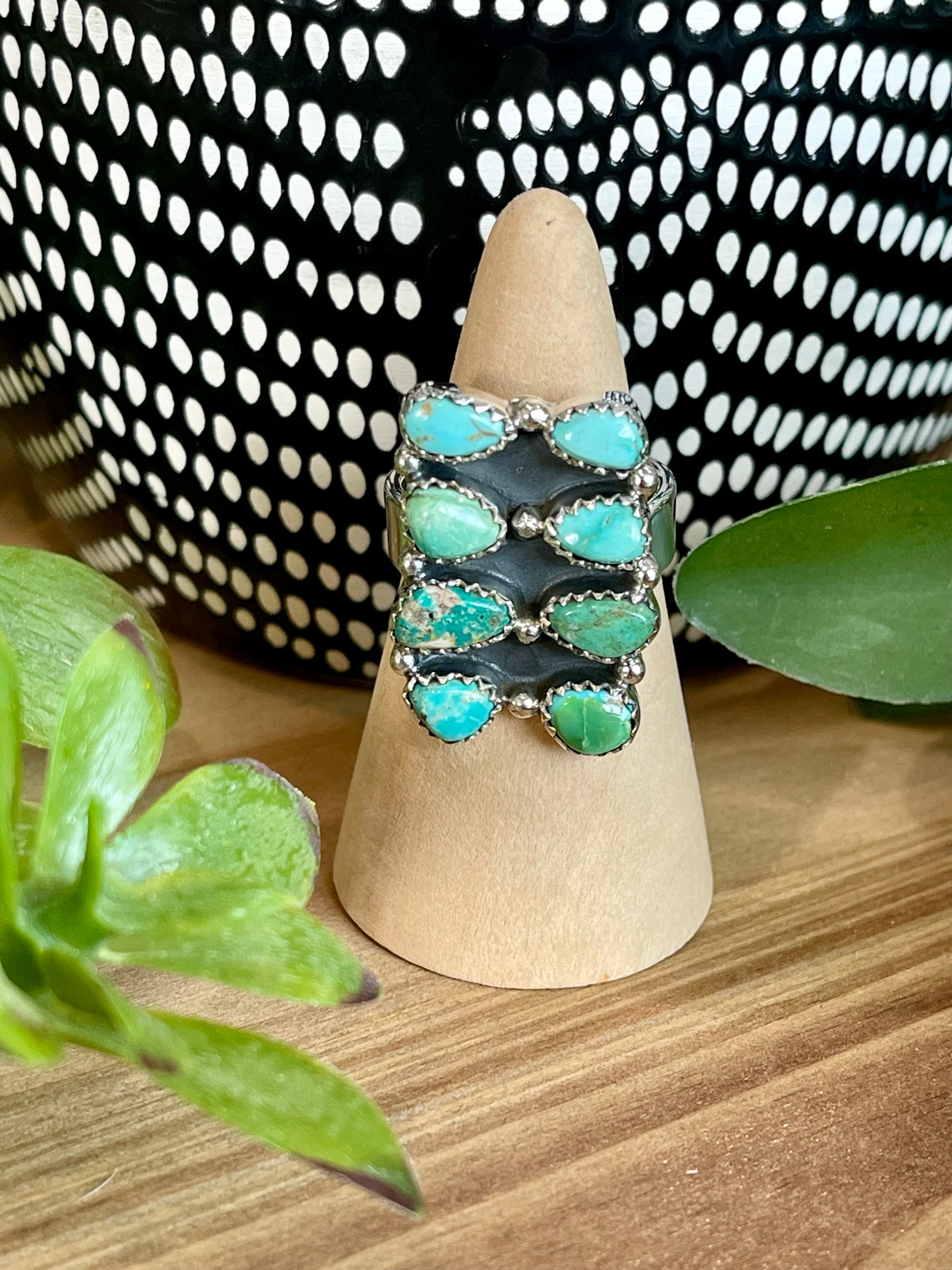 Southwest Handmade Sonoran Mountain Turquoise & Sterling Silver Cluster Adjustable Ring