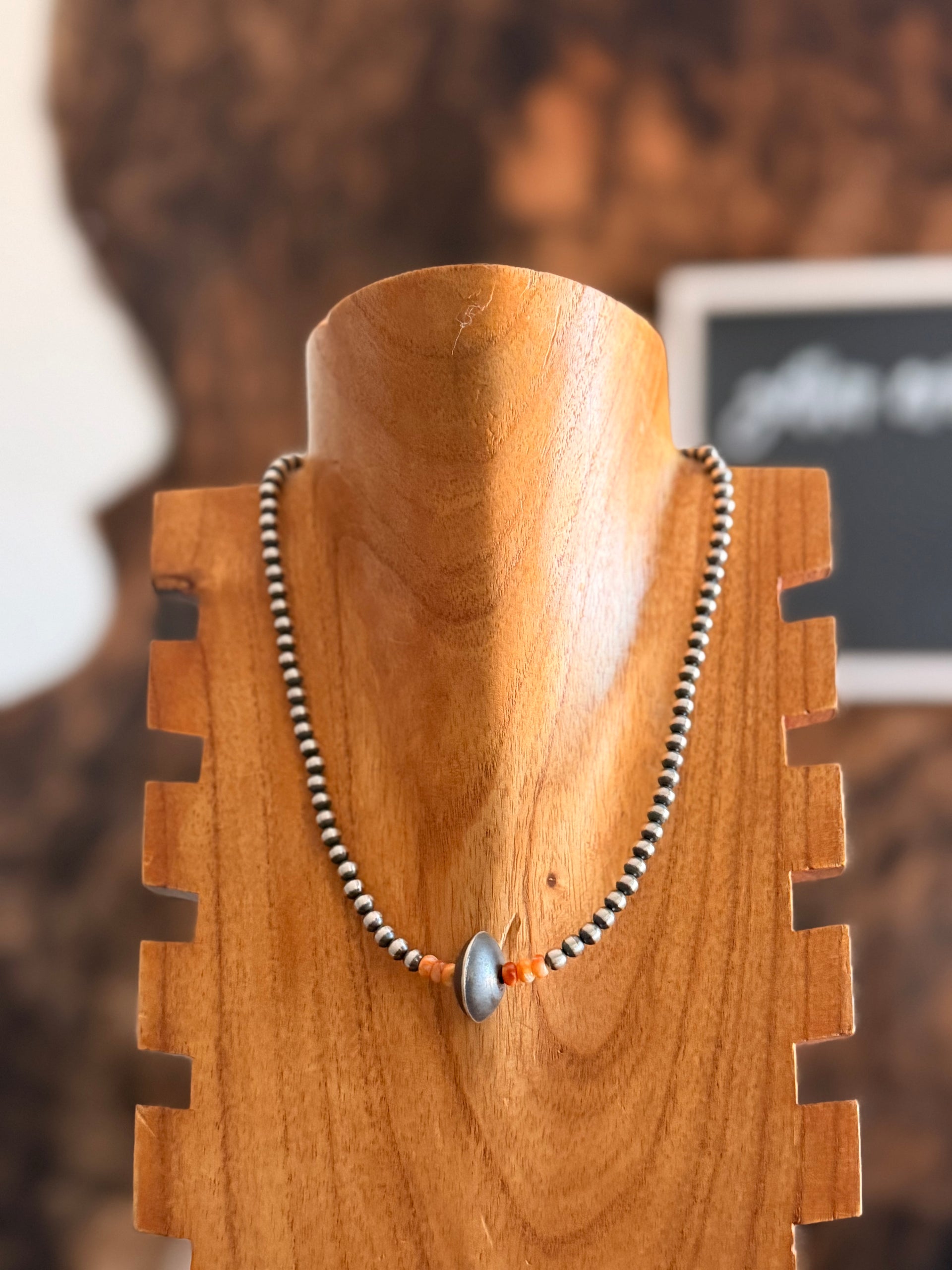 Navajo Strung Spiny Oyster & Sterling Silver Graduated & Saucer Pearl Necklace