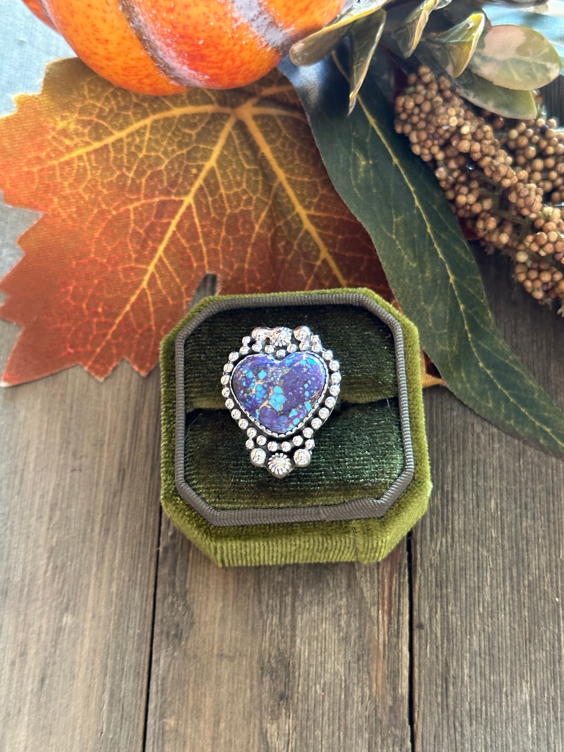 Southwest Handmade Mohave Turquoise & Sterling Silver Heart Ring Size 7.25