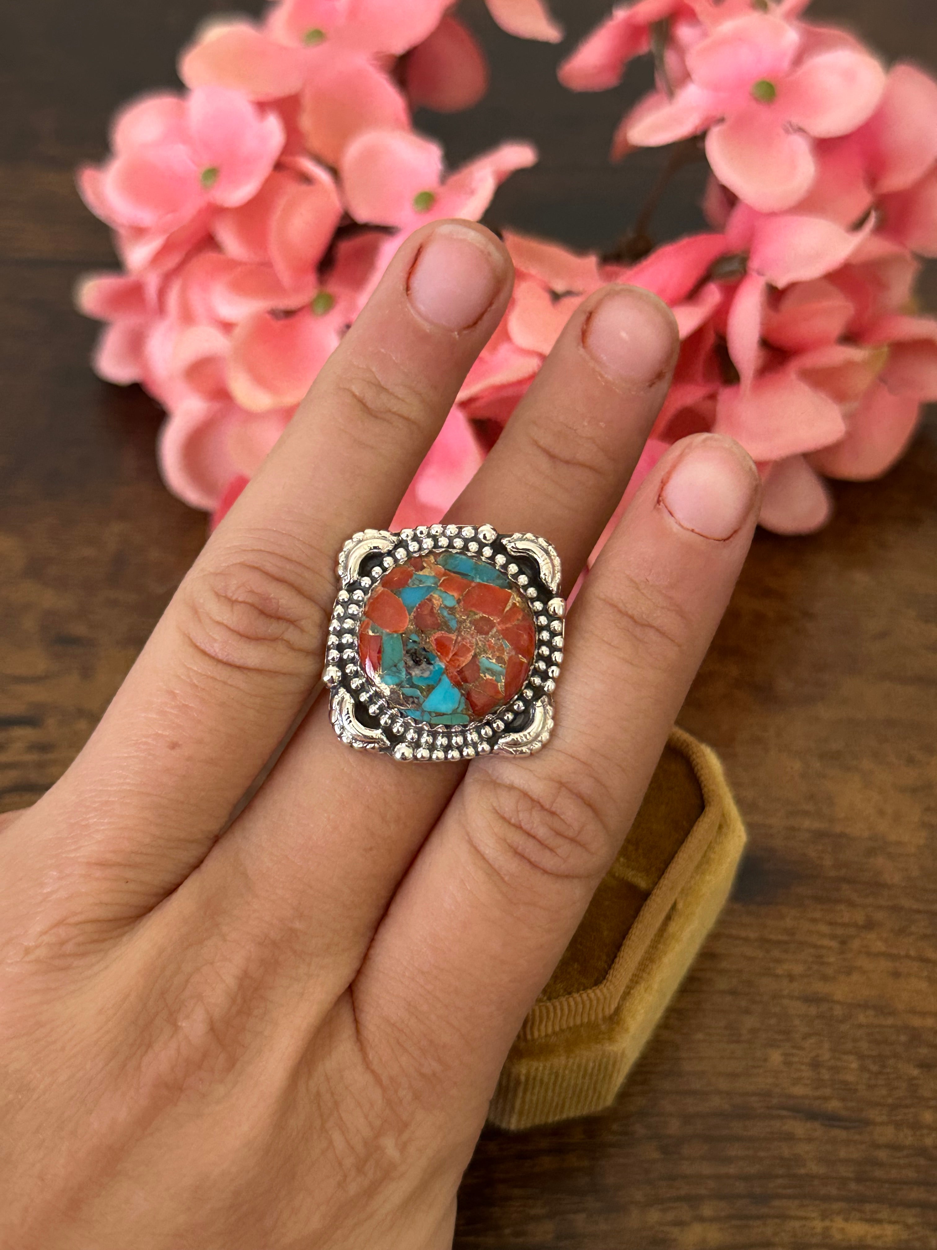 Southwest Handmade Red Mohave Turquoise & Sterling Silver Ring Size 8.5