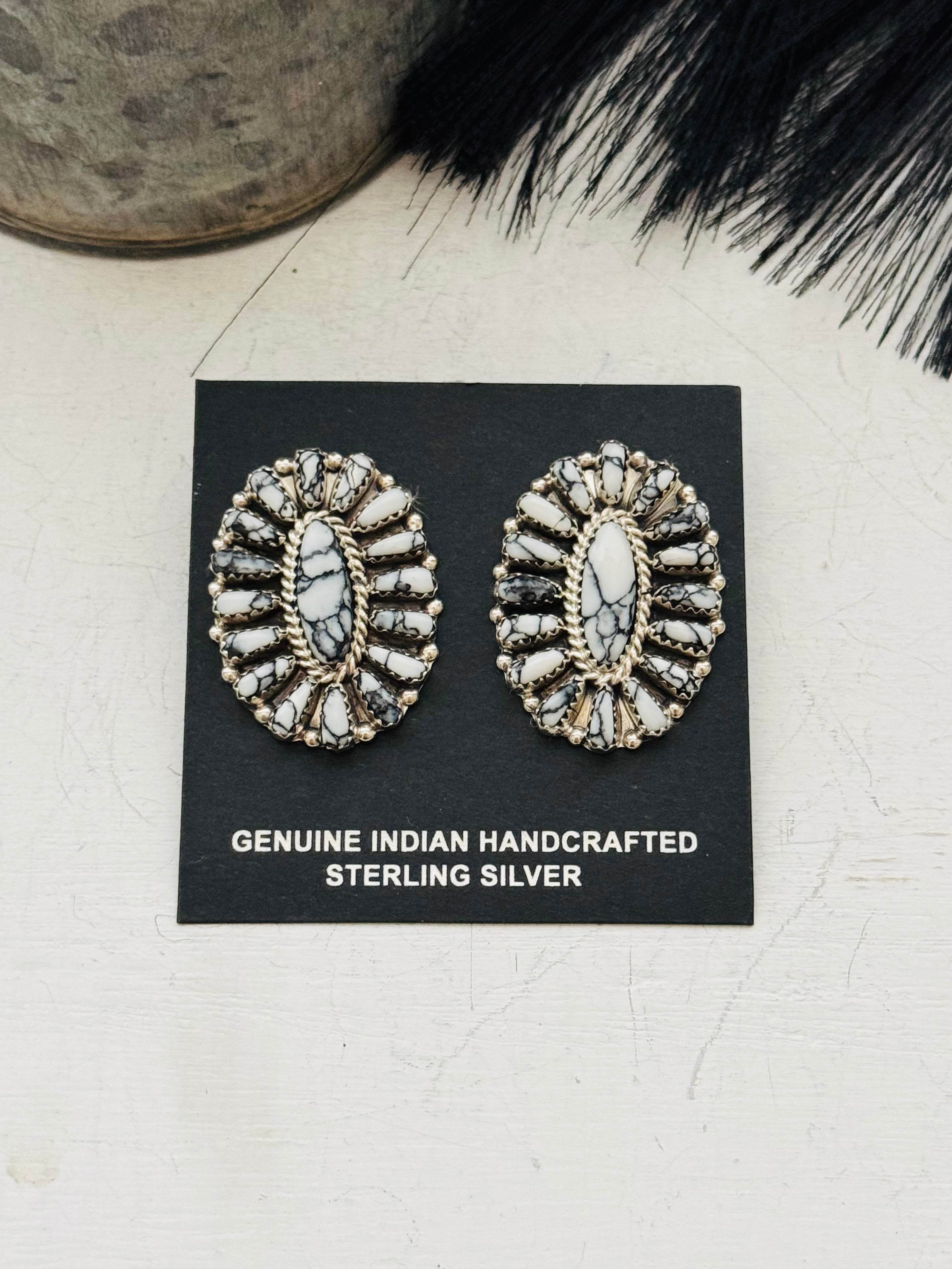 Davin Benally White Buffalo & Sterling Silver Post Cluster Earrings