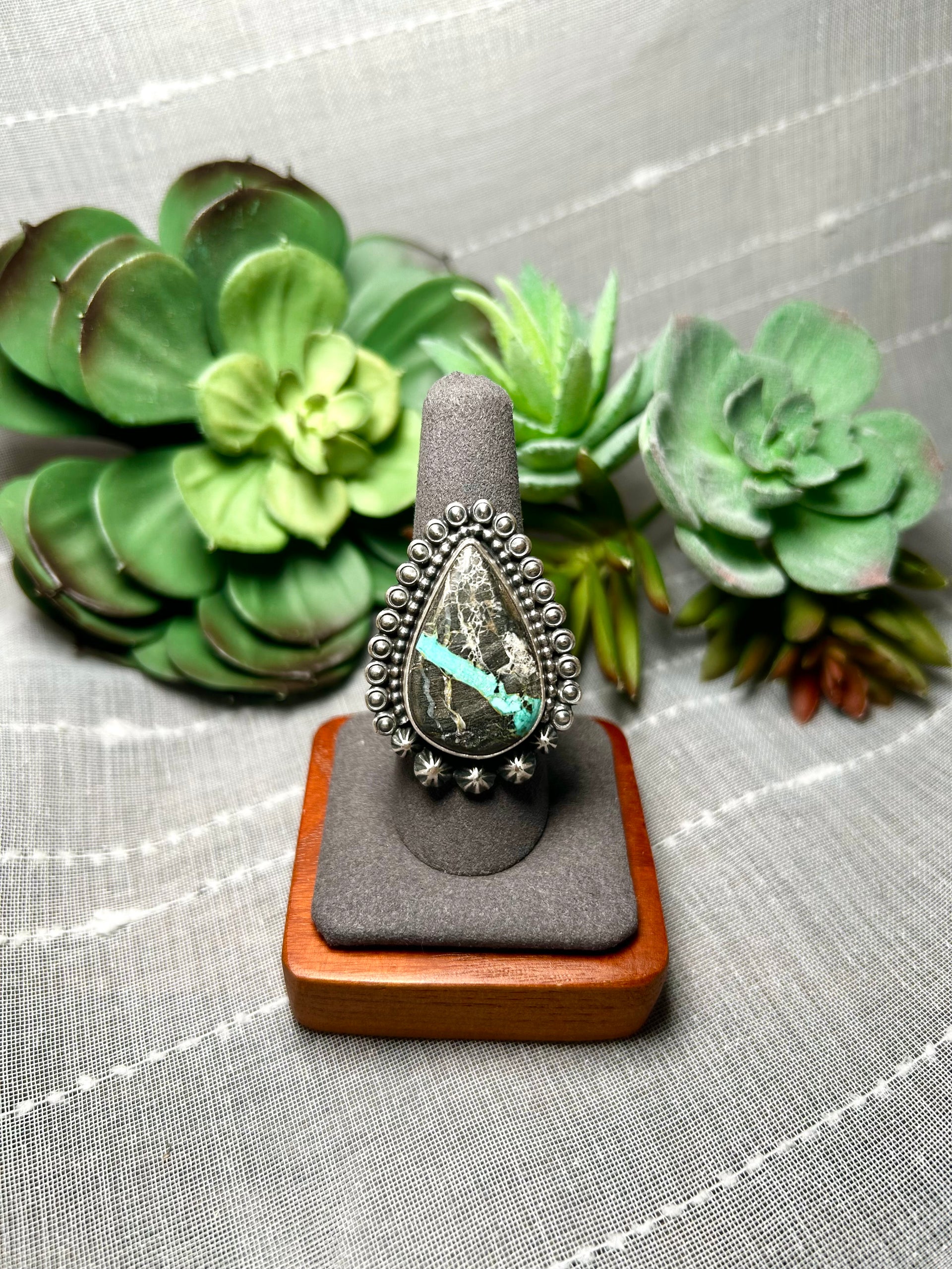Navajo Made Black Jack Turquoise & Sterling Silver Ring Size 8.5