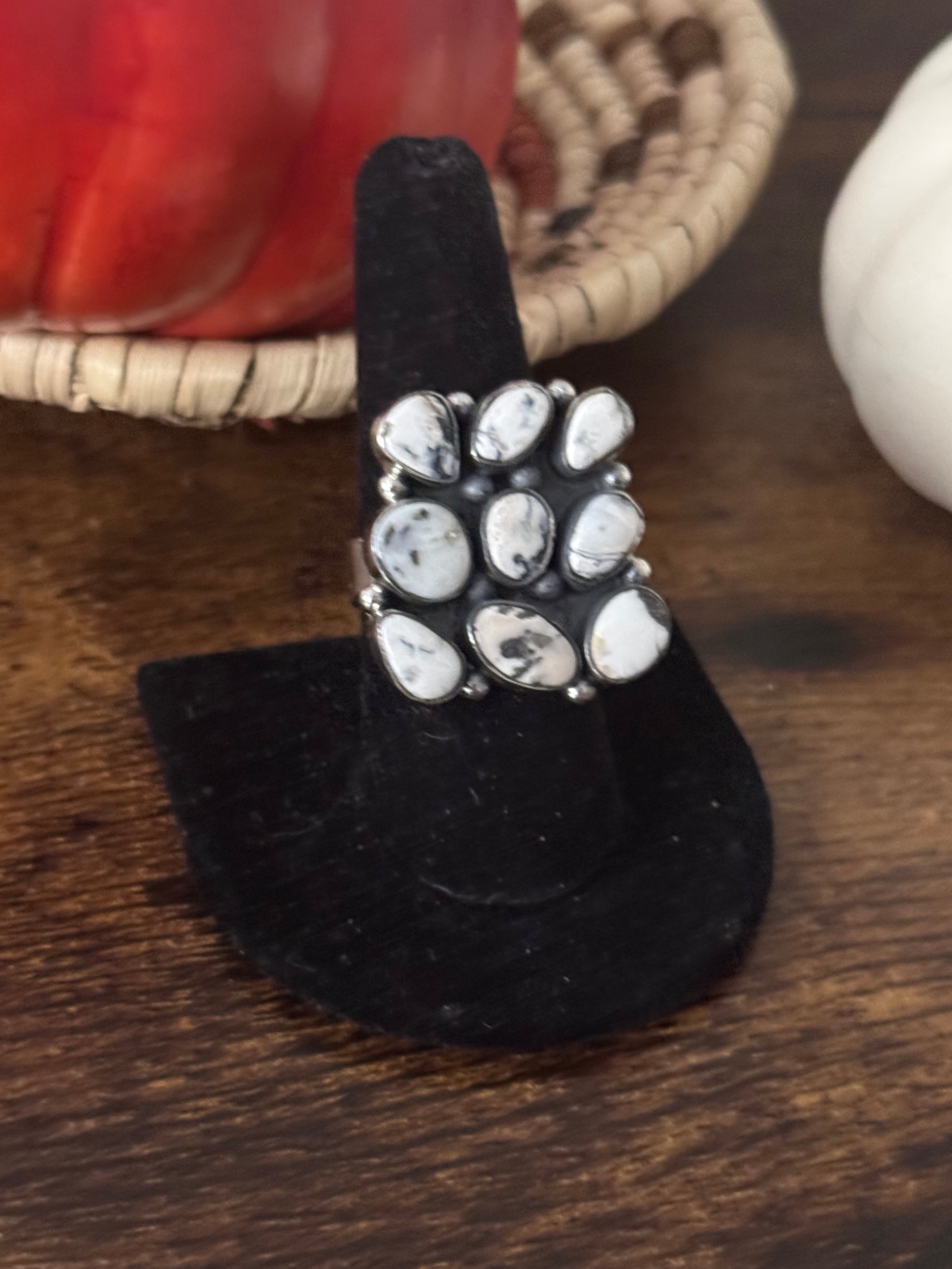 Southwest Handmade White Buffalo & Sterling Silver Adjustable Cluster Ring