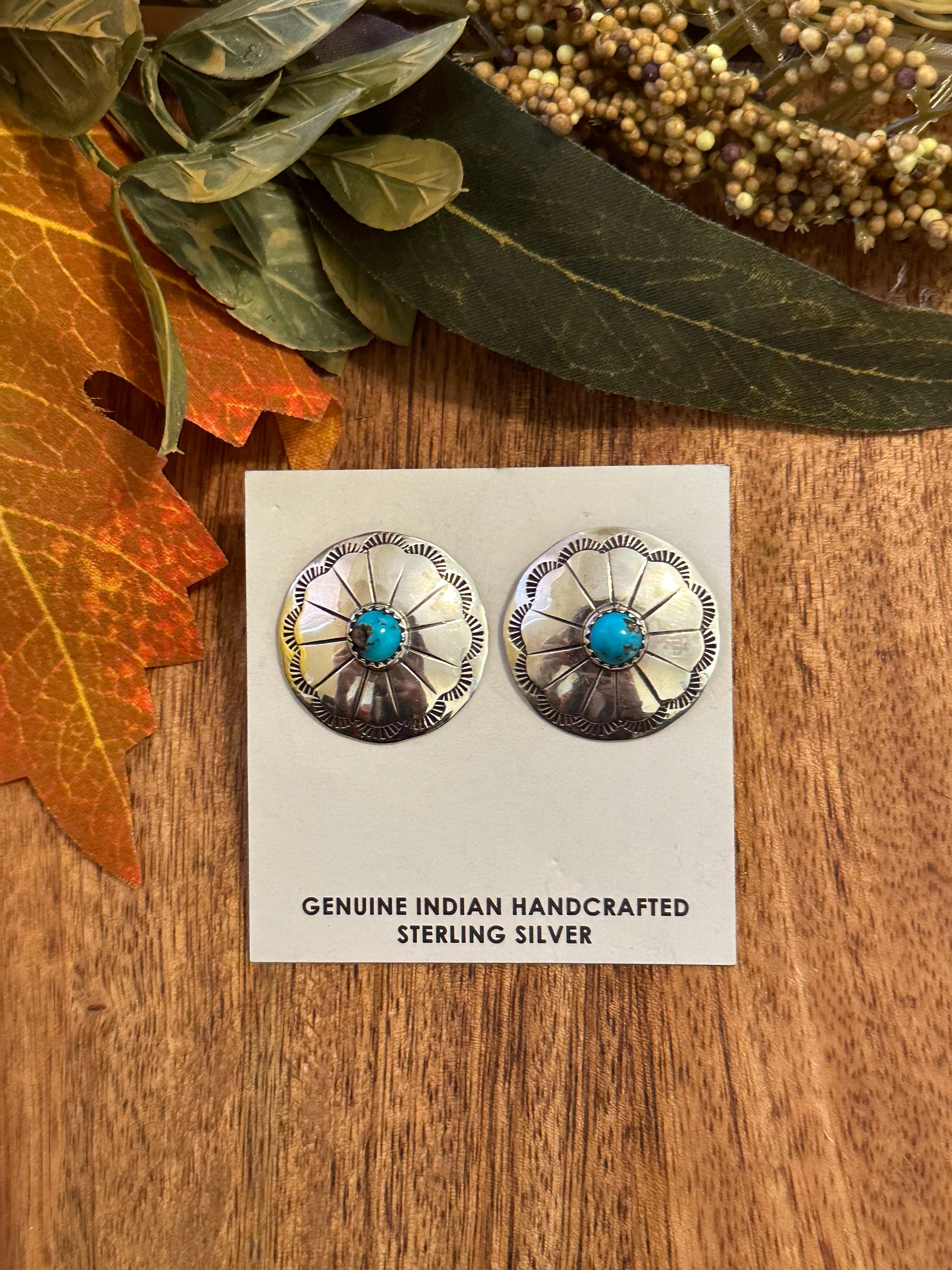 Navajo Made Kingman Turquoise & Sterling Silver Post Concho Earrings