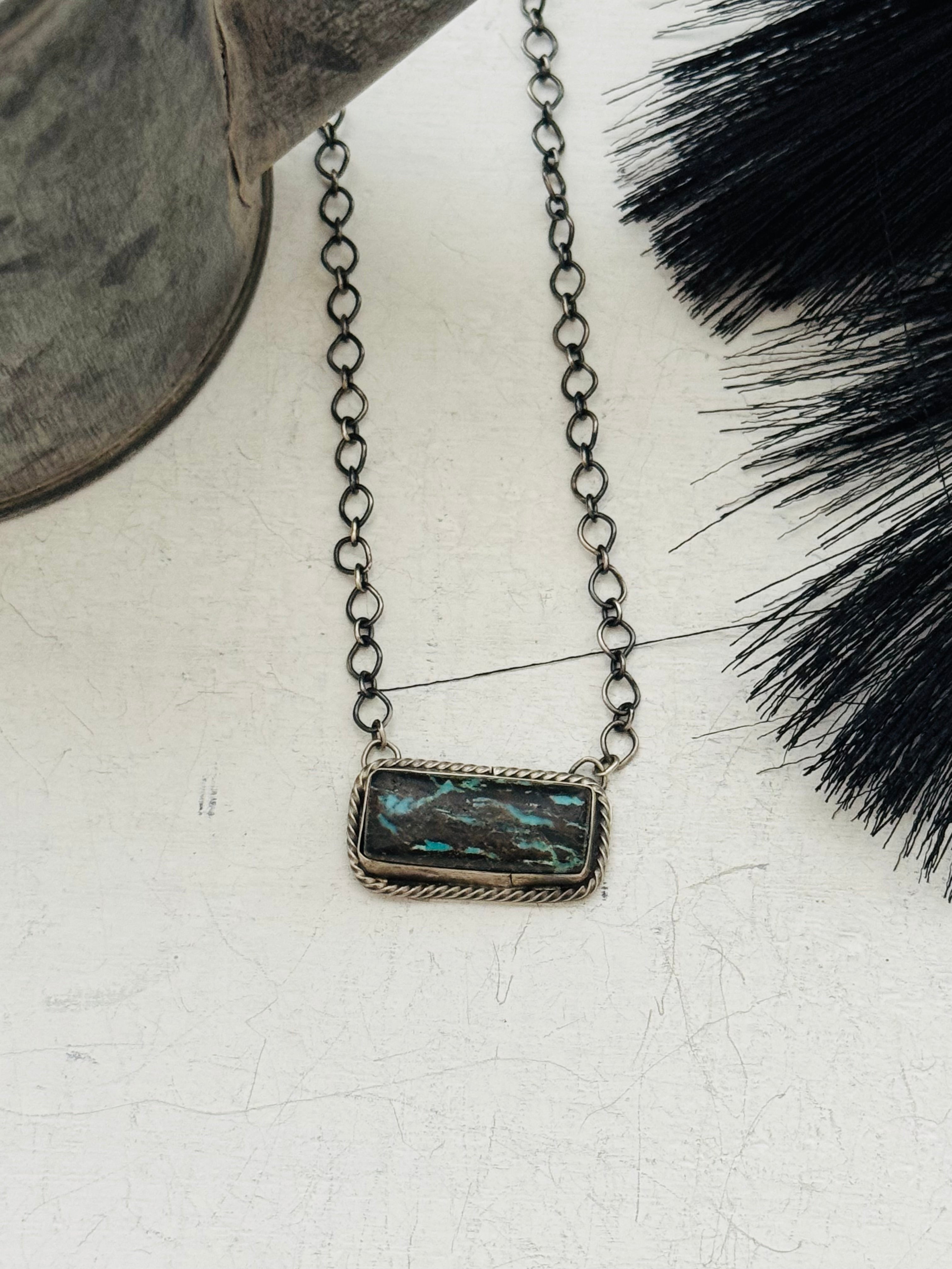 Navajo Made Blue Moon & Sterling Silver Bar Necklace