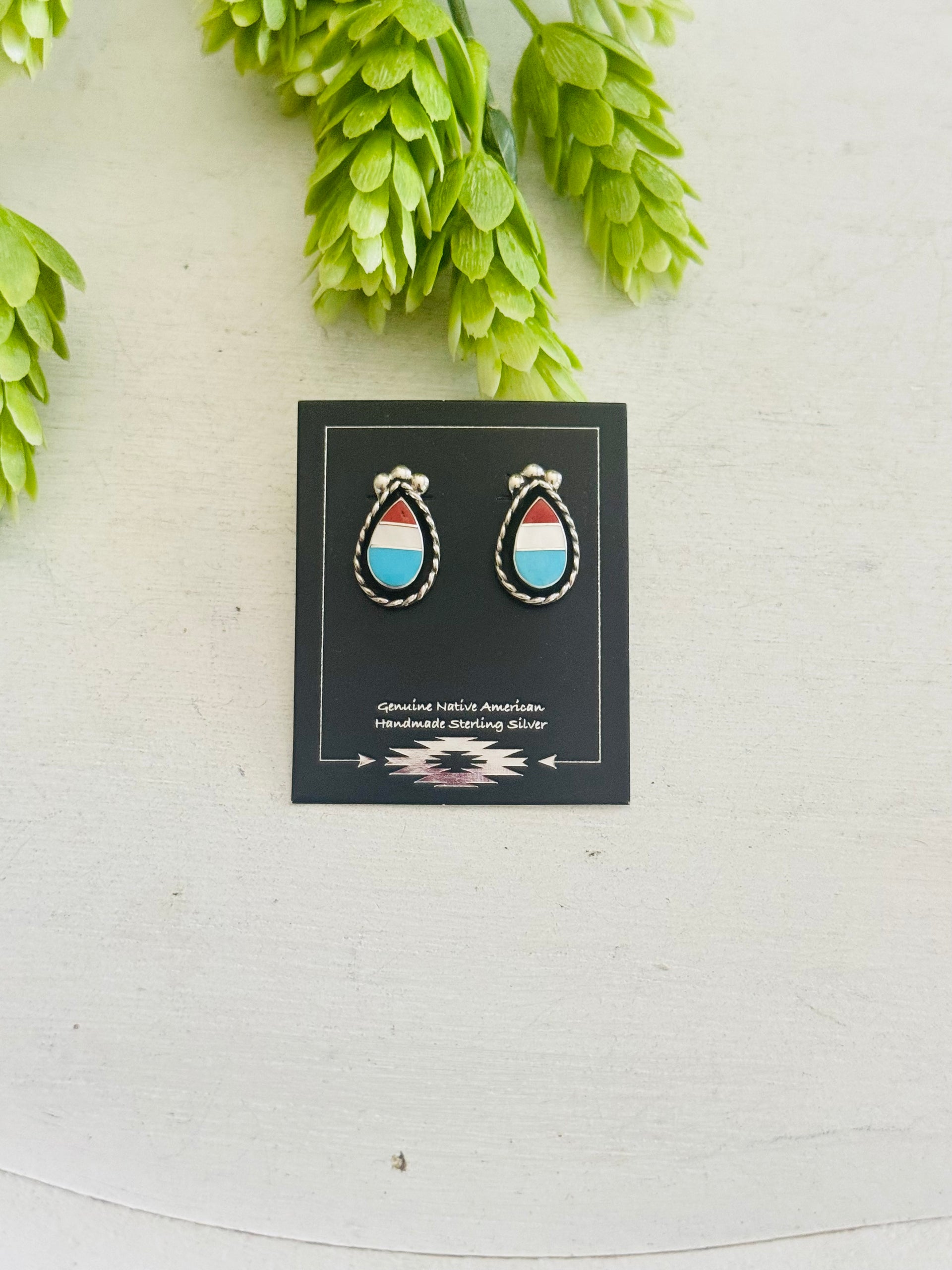Zuni Made Multi Stone & Sterling Silver Post Inlay Shadowbox Earrings