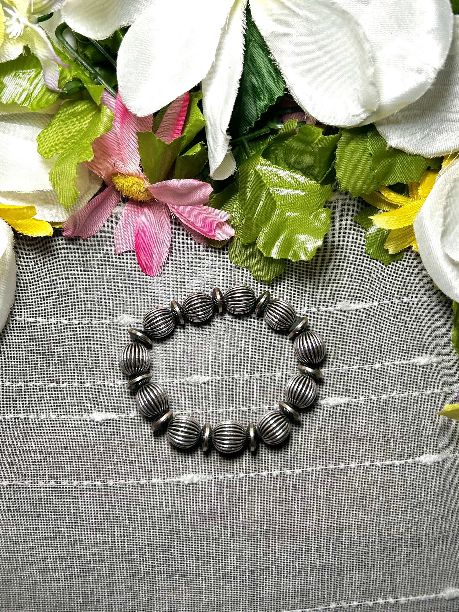 Navajo Made Sterling Silver Strung Stretchy Bracelet